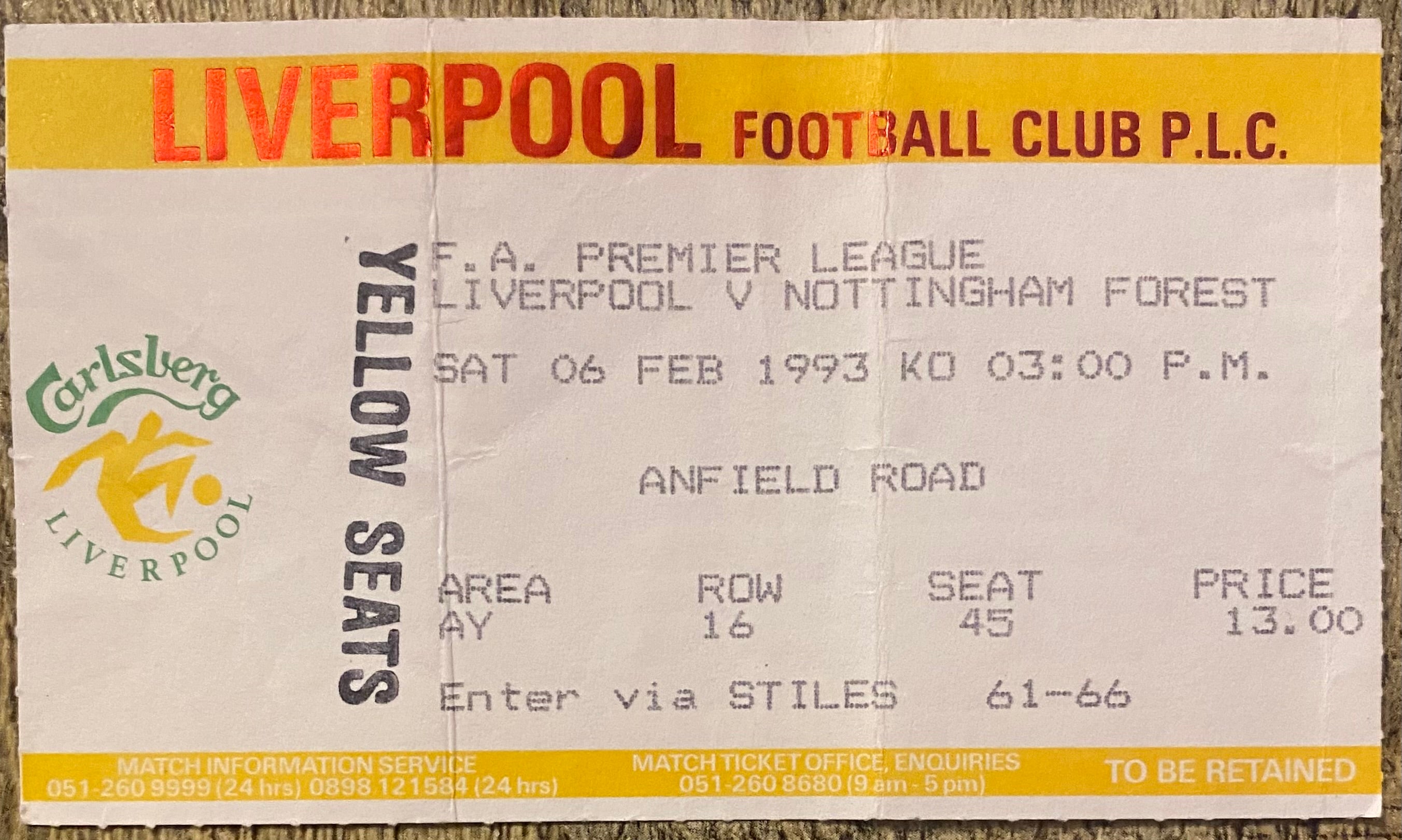 1992/93 ORIGINAL PREMIER LEAGUE TICKET LIVERPOOL V NOTTINGHAM FOREST