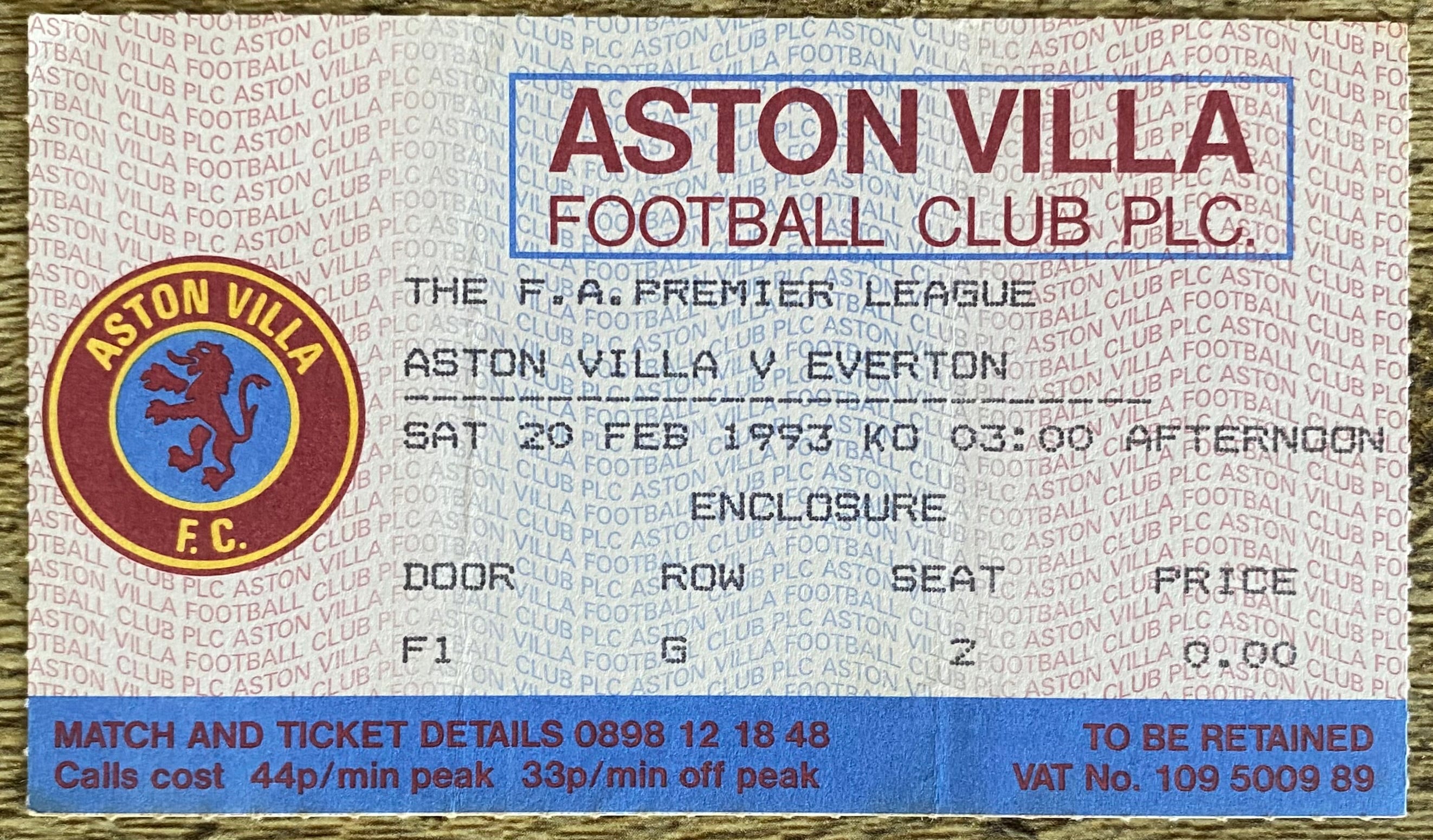 1992/93 ORIGINAL PREMIER LEAGUE TICKET ASTON VILLA V EVERTON