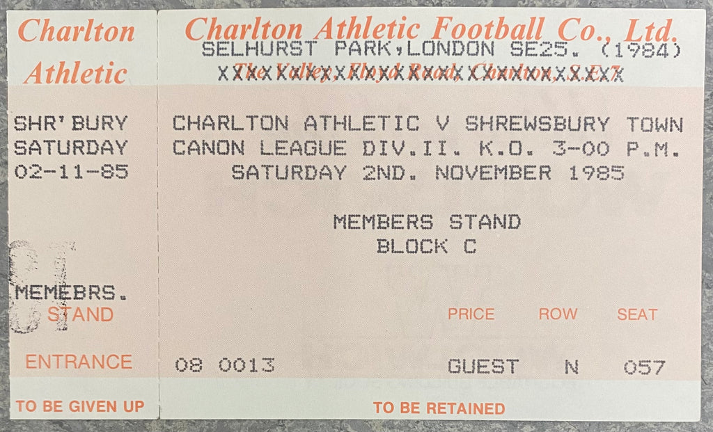 1985/86 ORIGINAL DIVISION TWO UNUSED TICKET CHARLTON ATHLETIC V SHREWSBURY TOWN