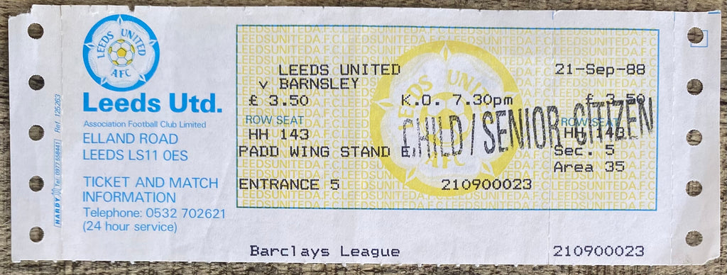 1988/89 ORIGINAL DIVISION 2 UNUSED TICKET LEEDS UNITED V BARNSLEY