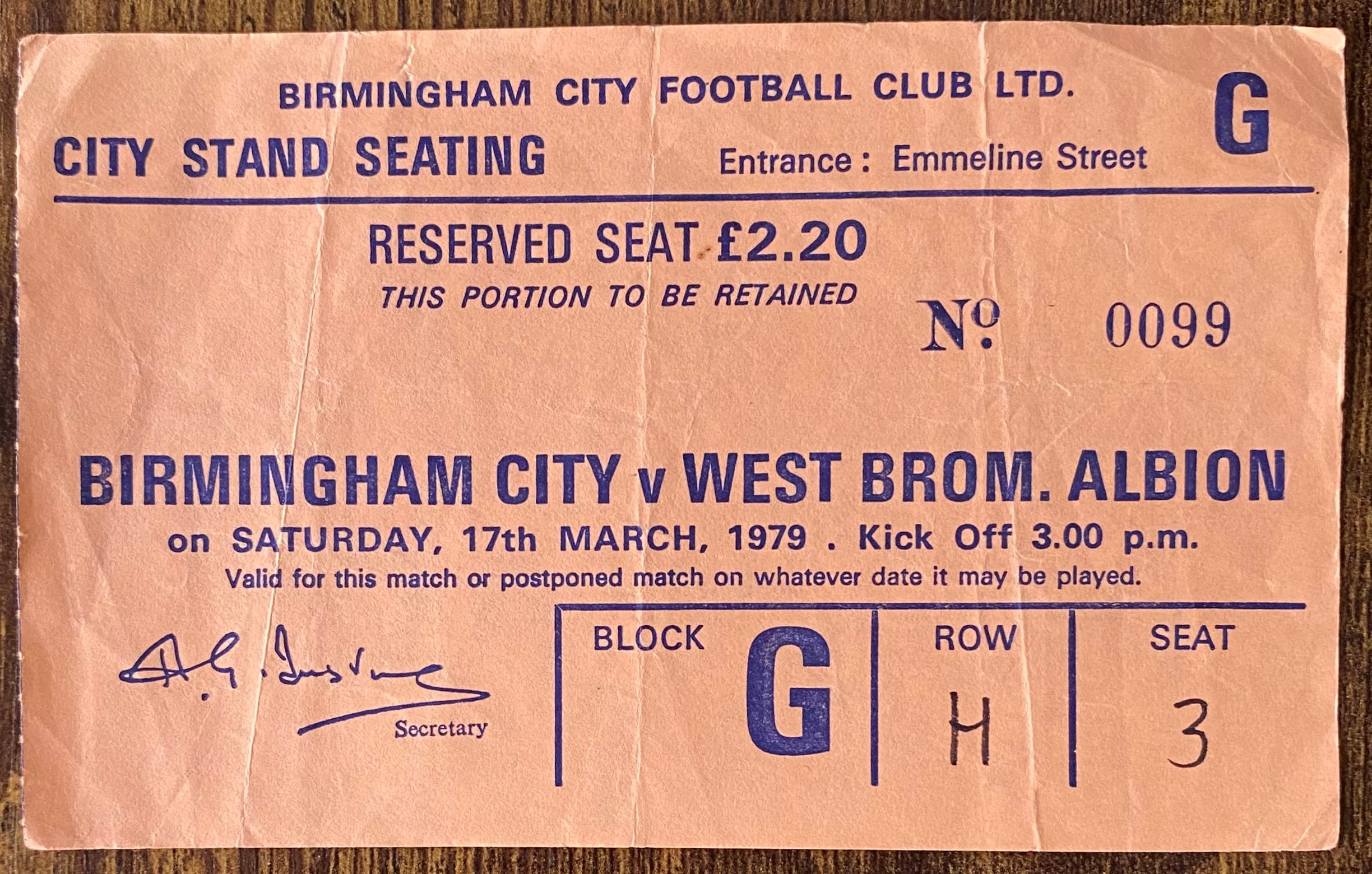 1978/79 ORIGINAL DIVISION 1 TICKET BIRMINGHAM CITY V WEST BROMWICH ALBION