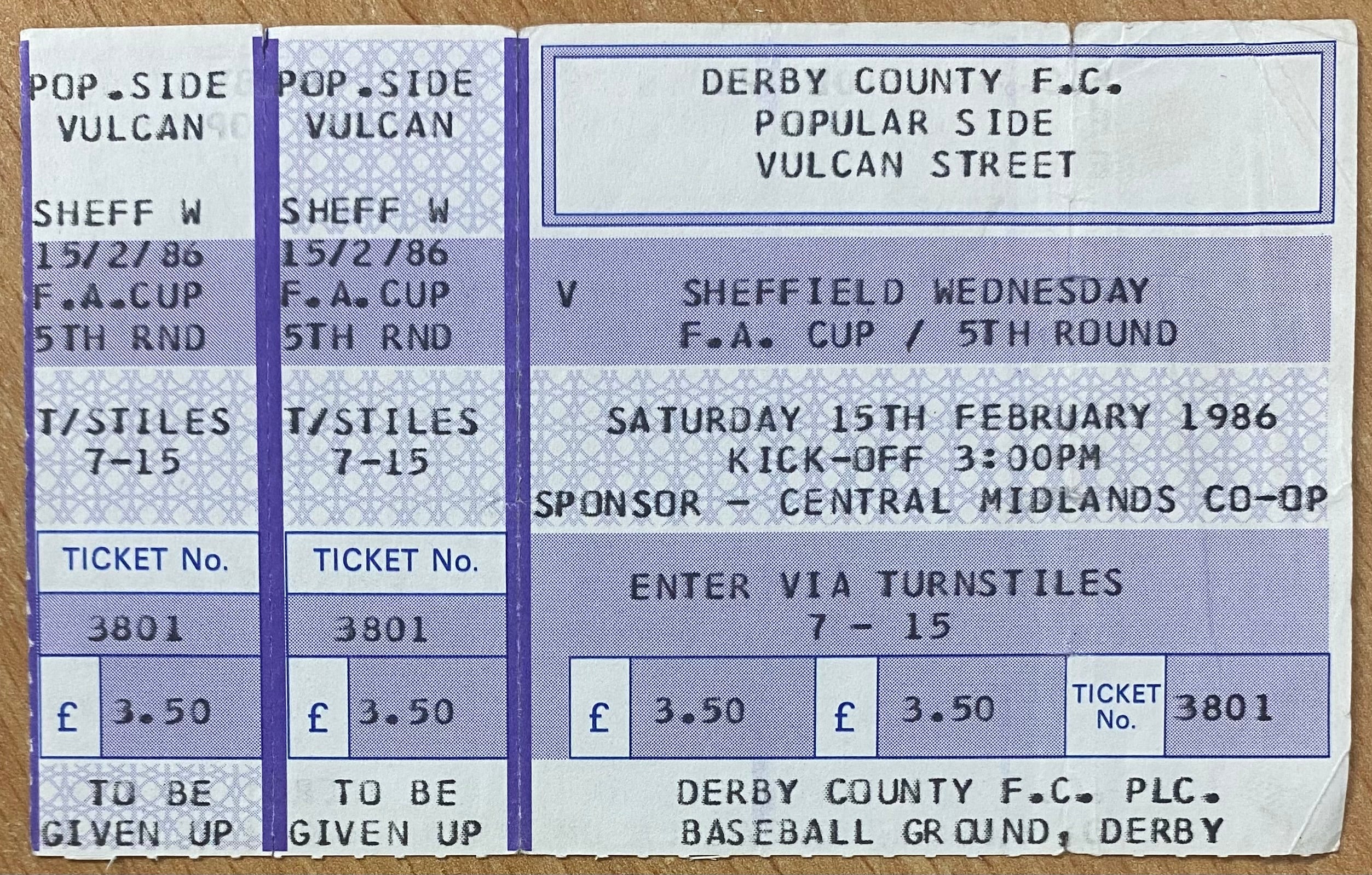1985/86 ORIGINAL FA CUP 5TH ROUND UNUSED TICKET DERBY COUNTY V SHEFFIELD WEDNESDAY