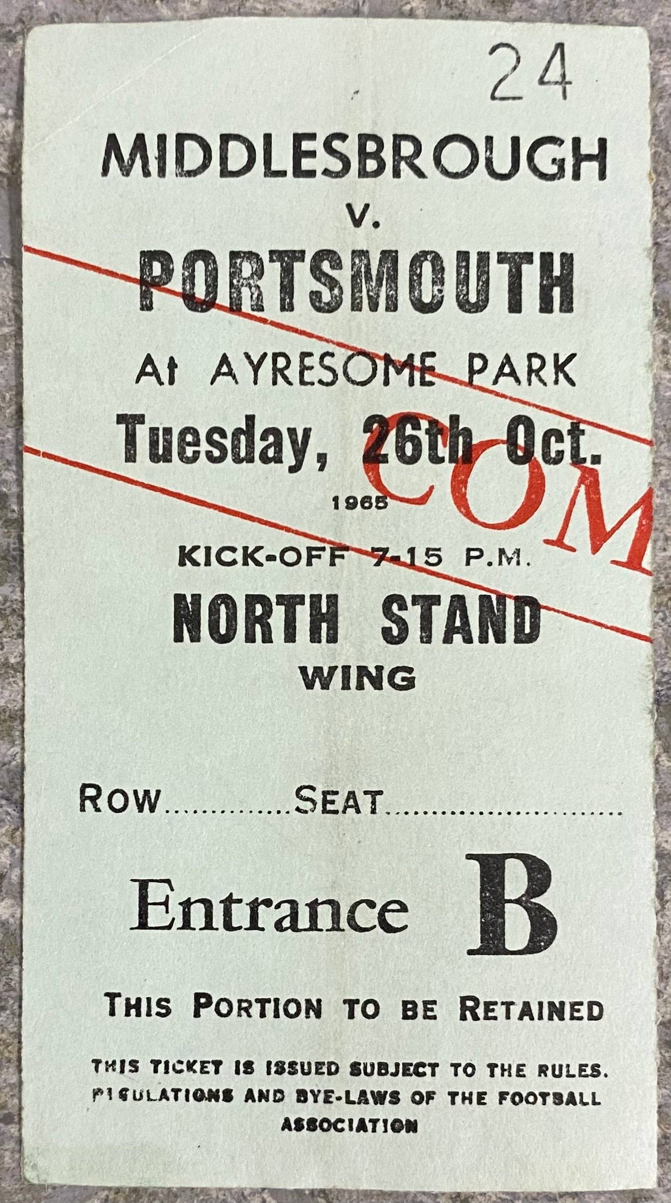 1965/66 ORIGINAL DIVISION 2 TICKET MIDDLESBROUGH V PORTSMOUTH