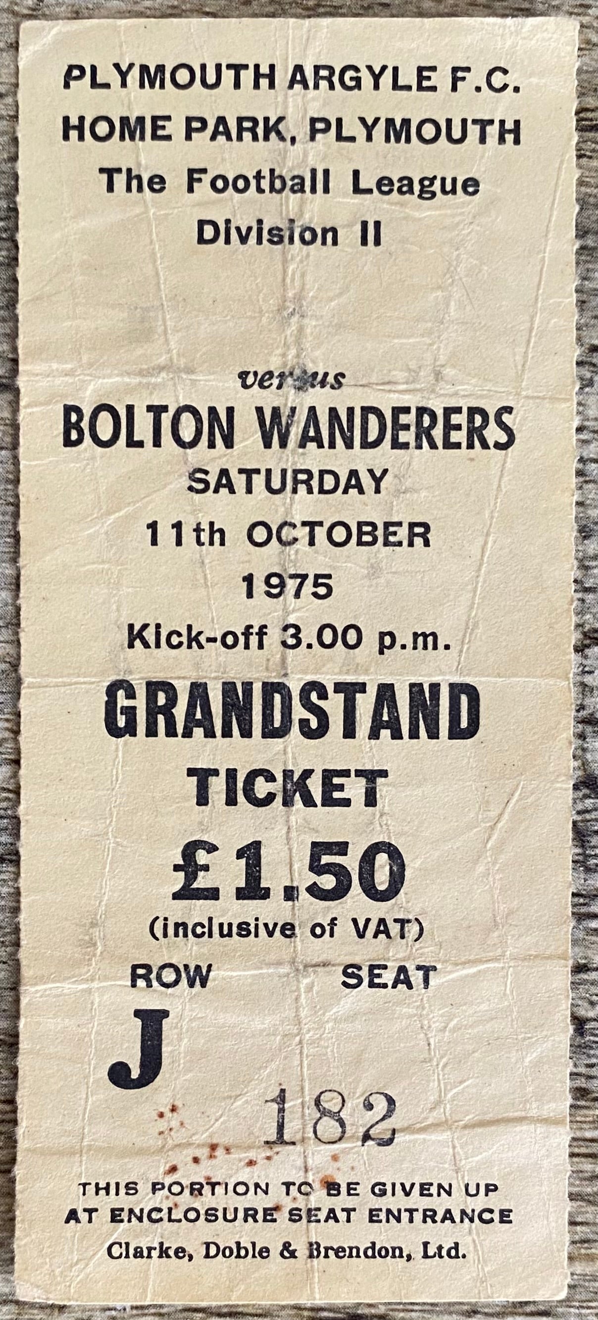 1975/76  ORIGINAL DIVISION 2 TICKET PLYMOUTH ARGYLE V BOLTON WANDERERS