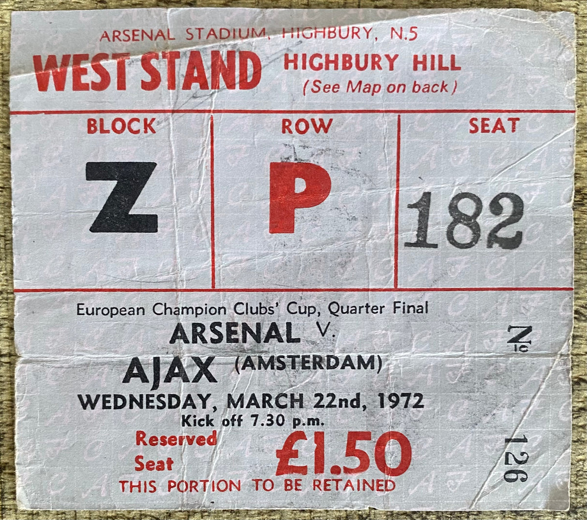1971/72 ORIGINAL EUROPEAN CUP QUARTER FINAL 2ND LEG TICKET ARSENAL V AJAX AMSTERDAM