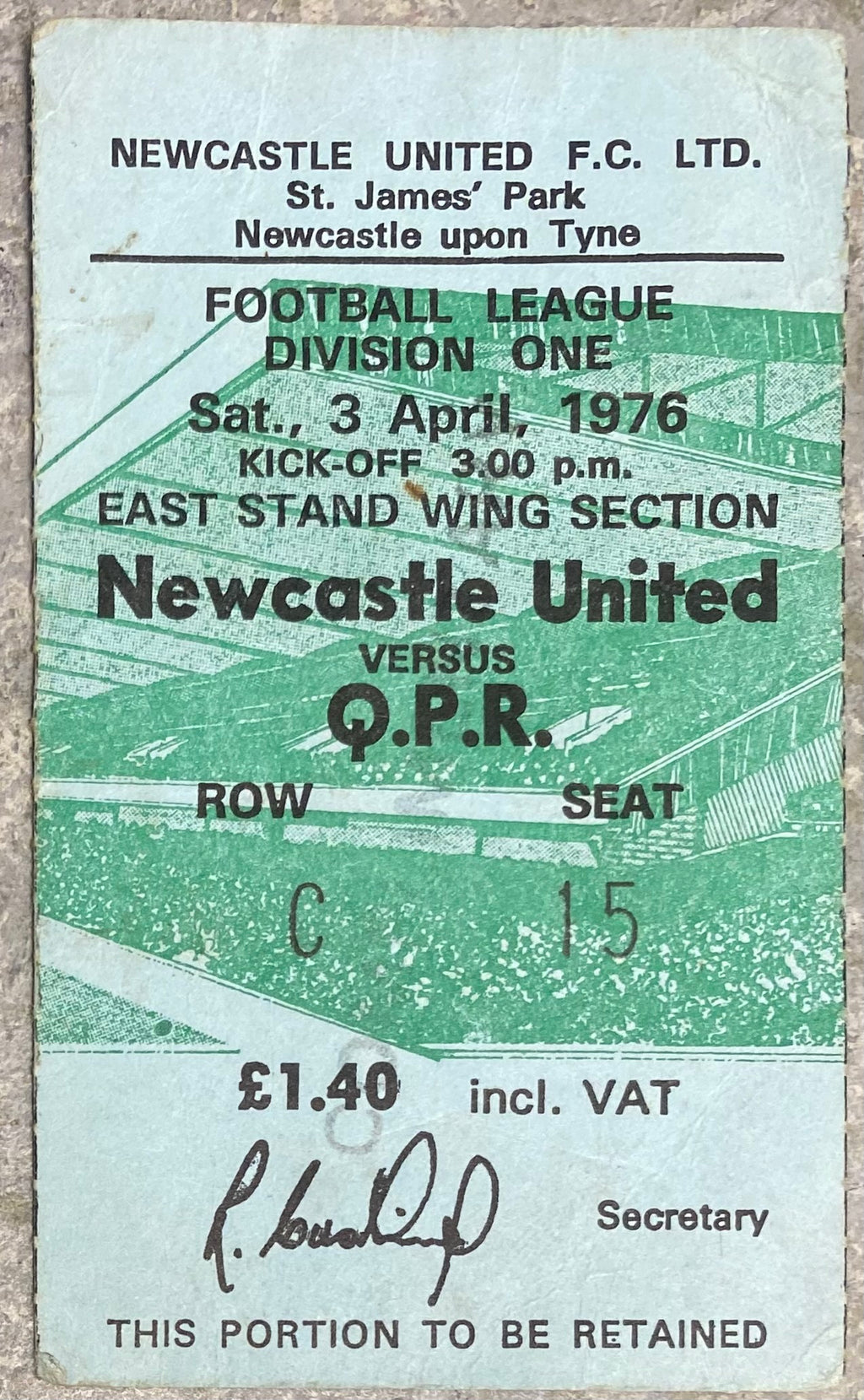 1975/76 ORIGINAL DIVISION 1 TICKET NEWCASTLE UNITED V QUEENS PARK RANGERS