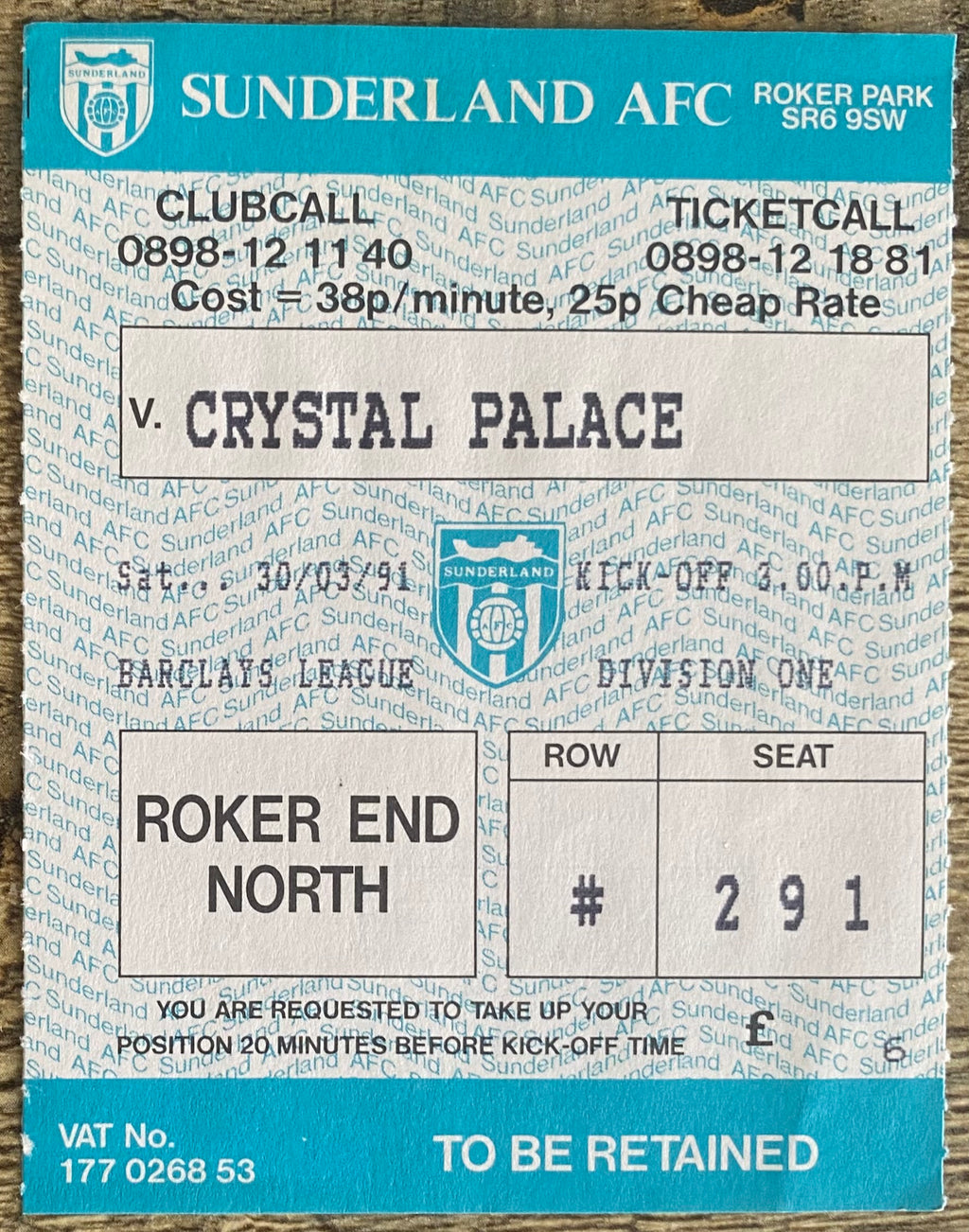 1990/91 ORIGINAL DIVISION ONE TICKET SUNDERLAND V CRYSTAL PALACE