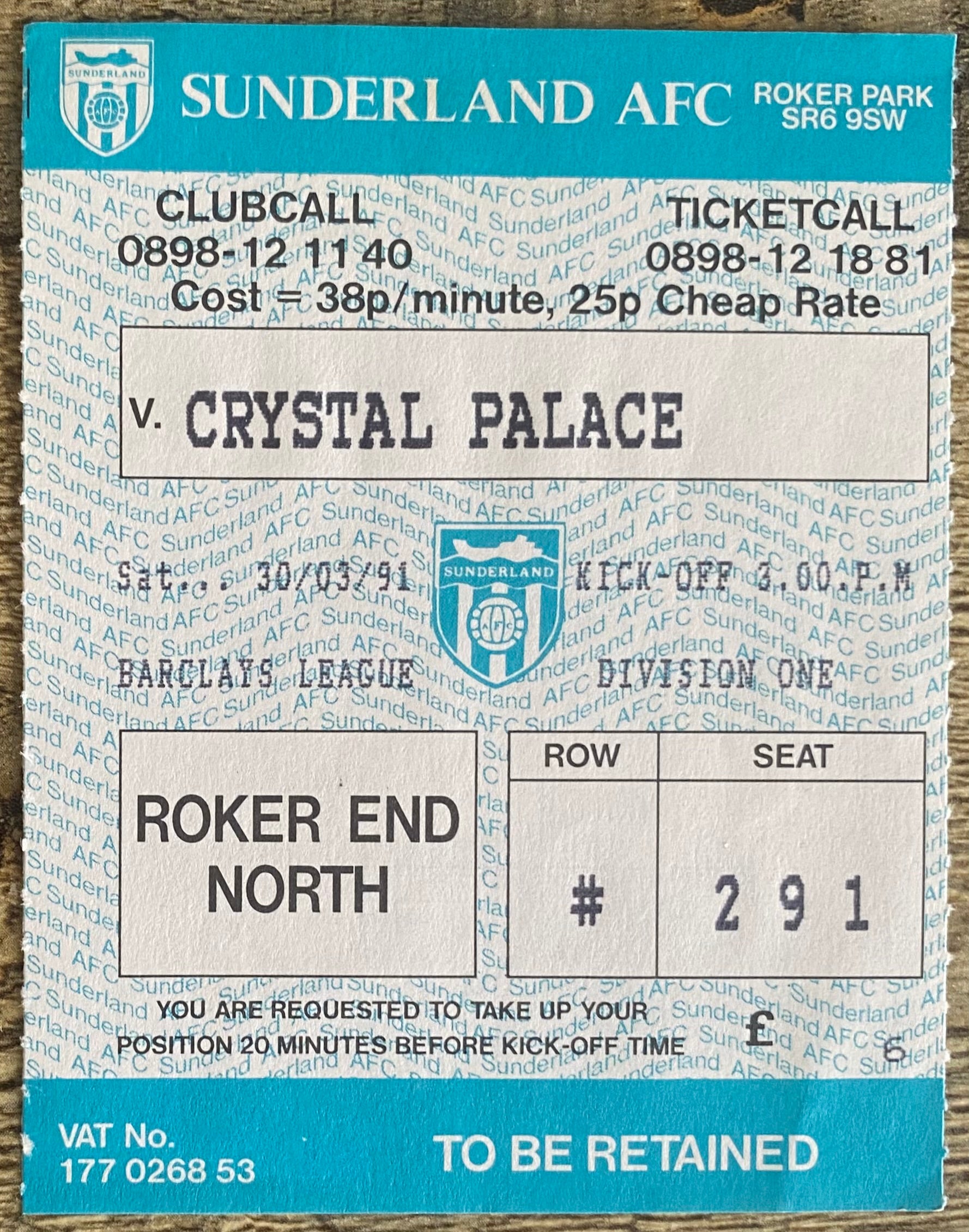 1990/91 ORIGINAL DIVISION ONE TICKET SUNDERLAND V CRYSTAL PALACE