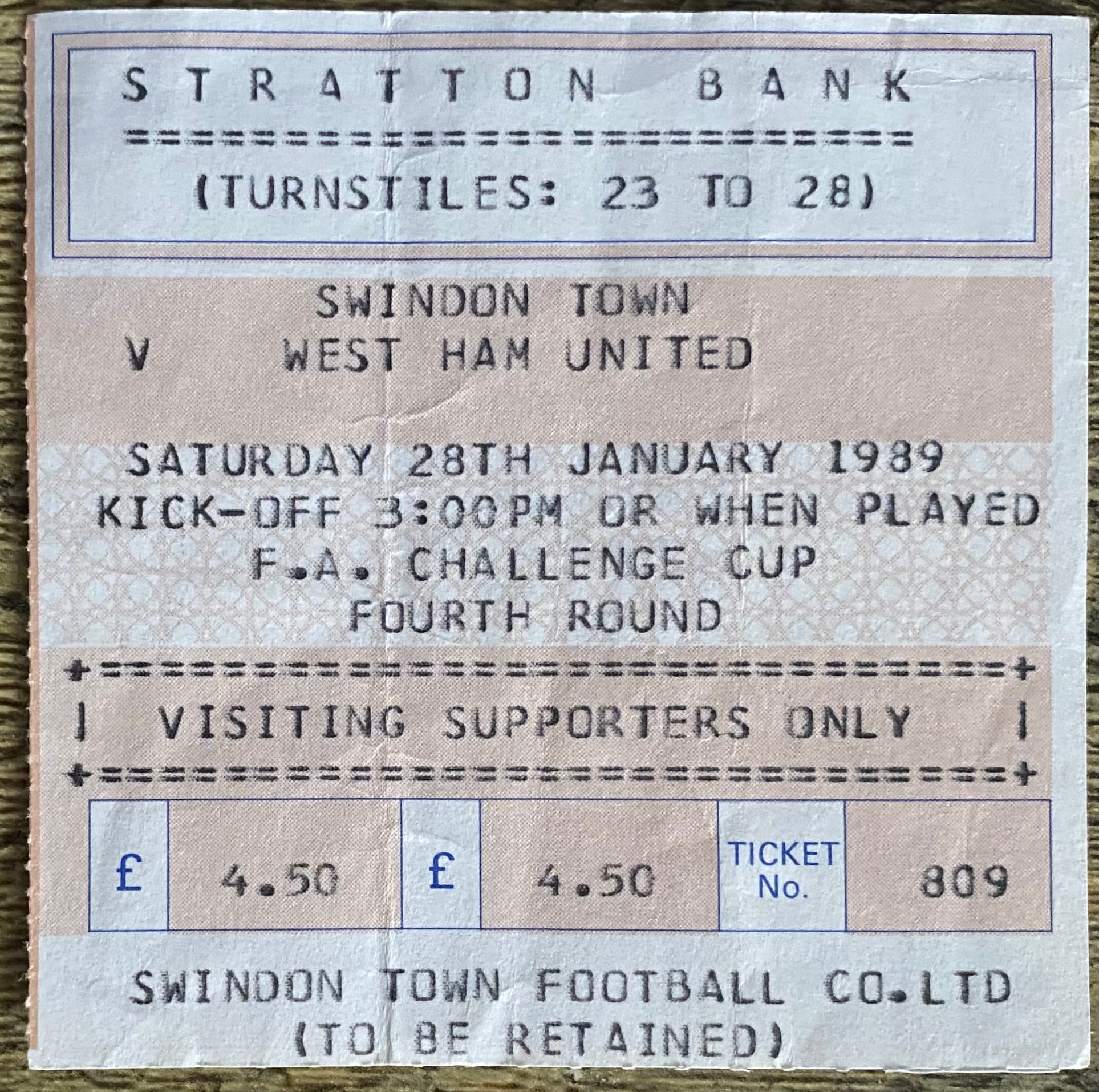 1988/89 ORIGINAL FA CUP 4TH ROUND TICKET SWINDON TOWN V WEST HAM UNITED