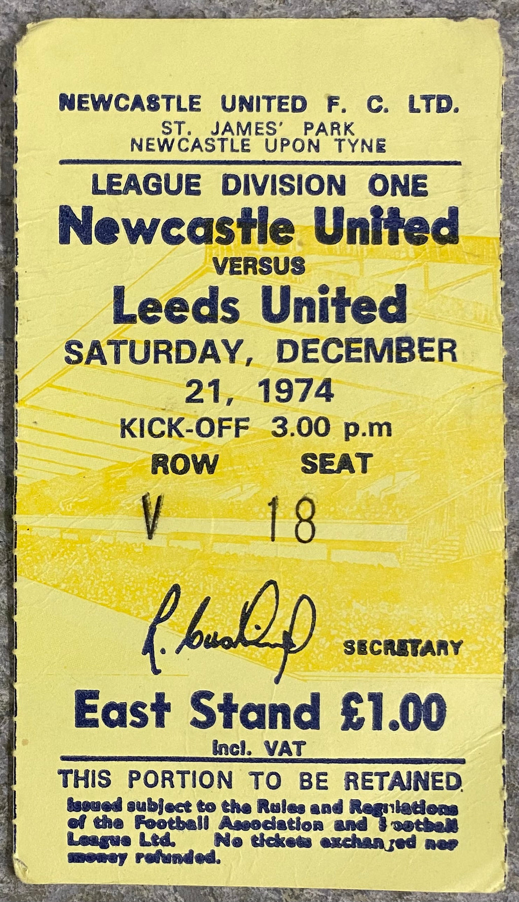 1974/75 ORIGINAL DIVISION 1 TICKET NEWCASTLE UNITED V LEEDS UNITED