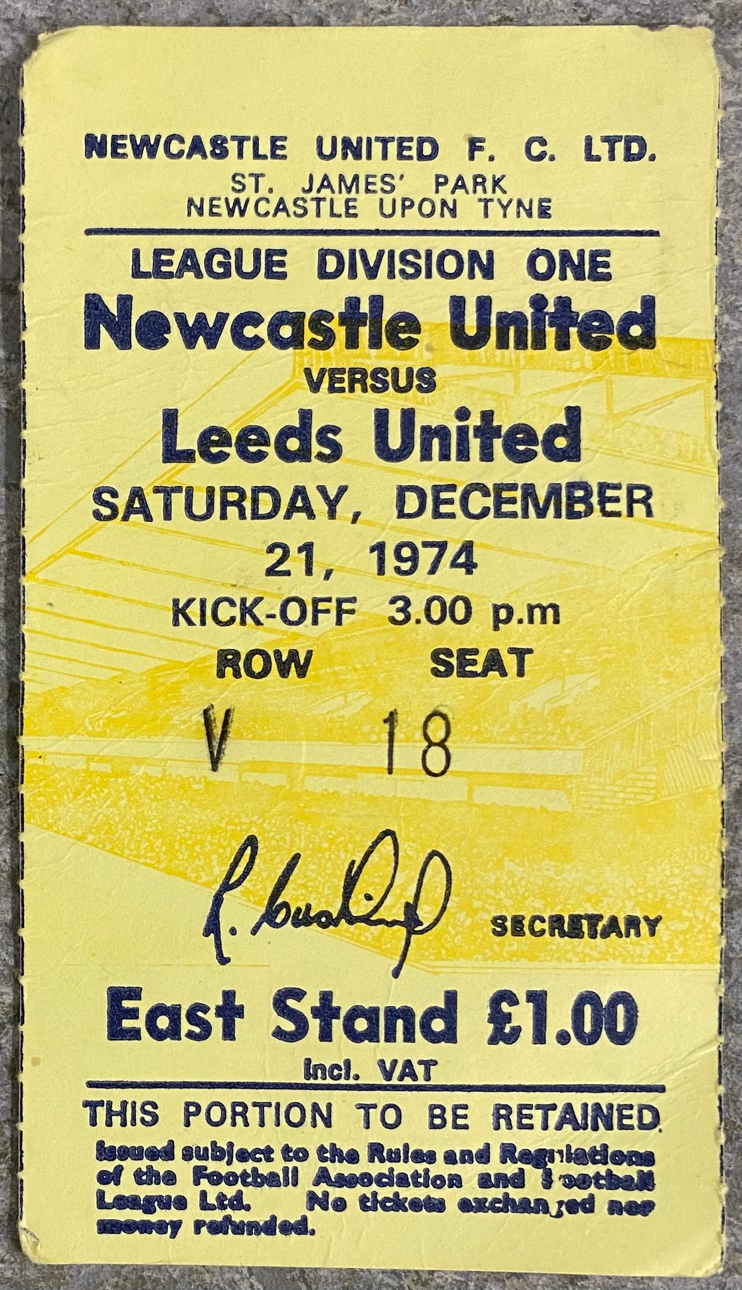 1974/75 ORIGINAL DIVISION 1 TICKET NEWCASTLE UNITED V LEEDS UNITED
