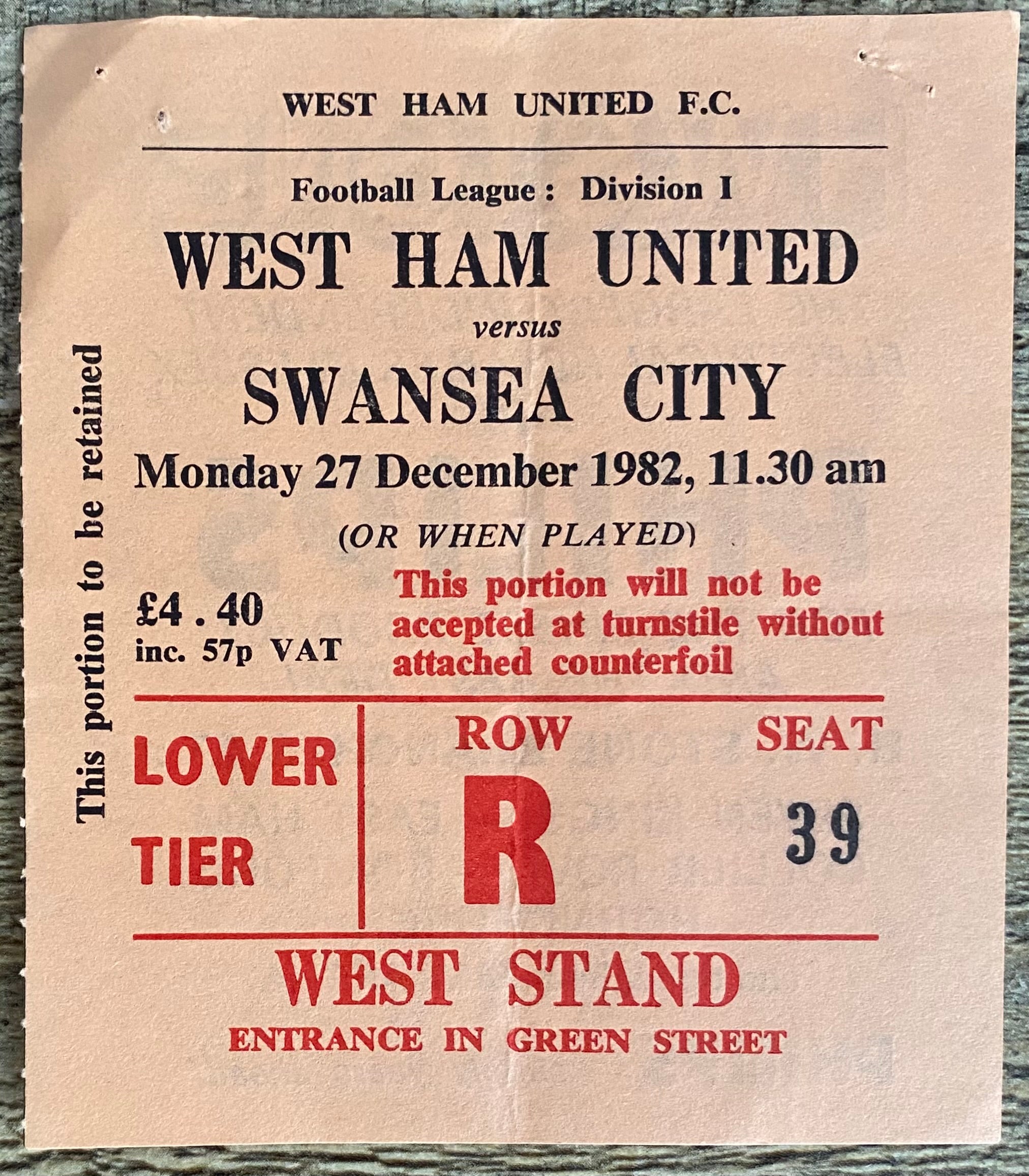 1982/83 ORIGINAL DIVISION 1 TICKET WEST HAM UNITED V SWANSEA CITY