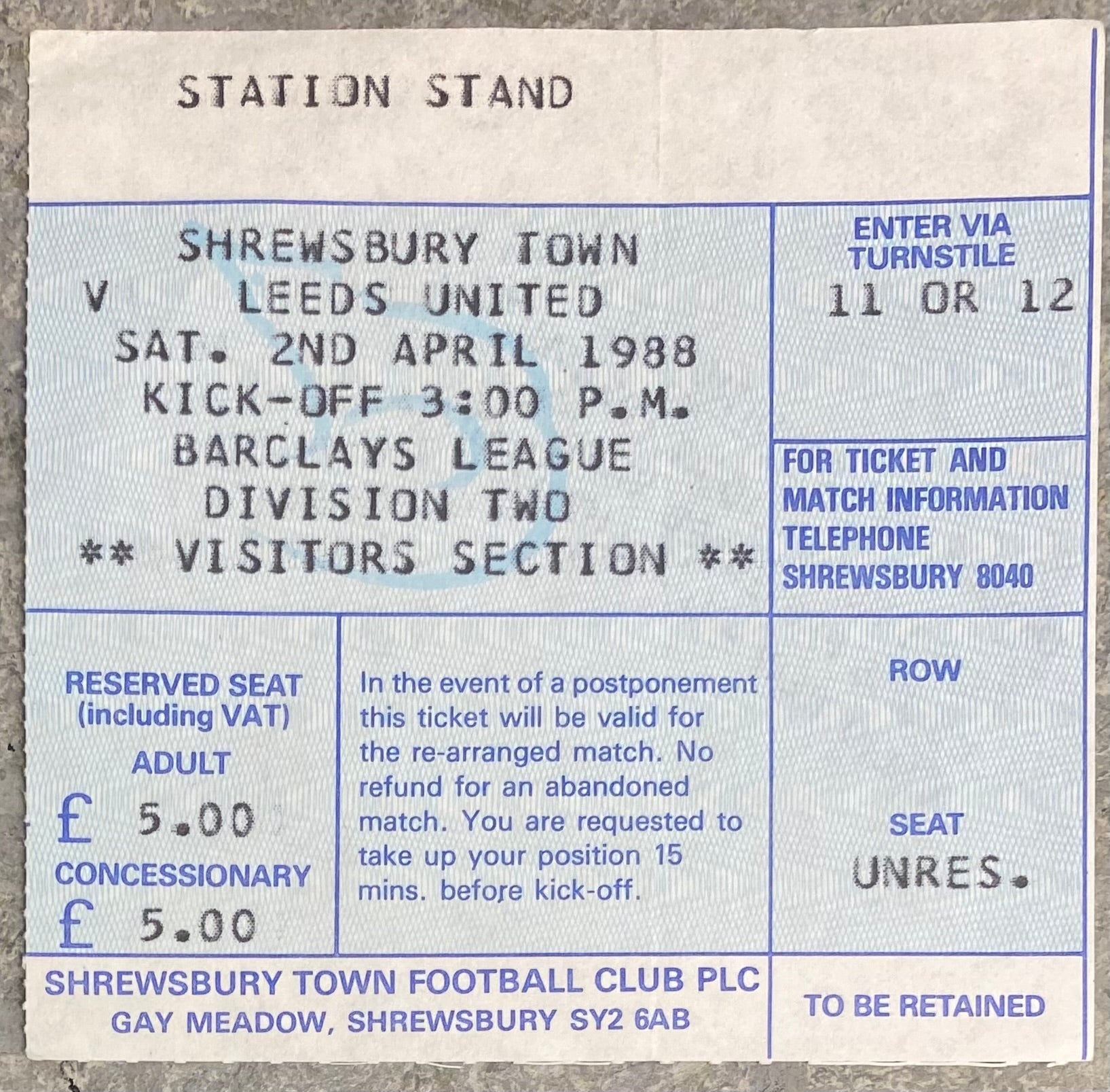 1987/88 ORIGINAL DIVISION TWO TICKET SHREWSBURY TOWN V LEEDS UNITED