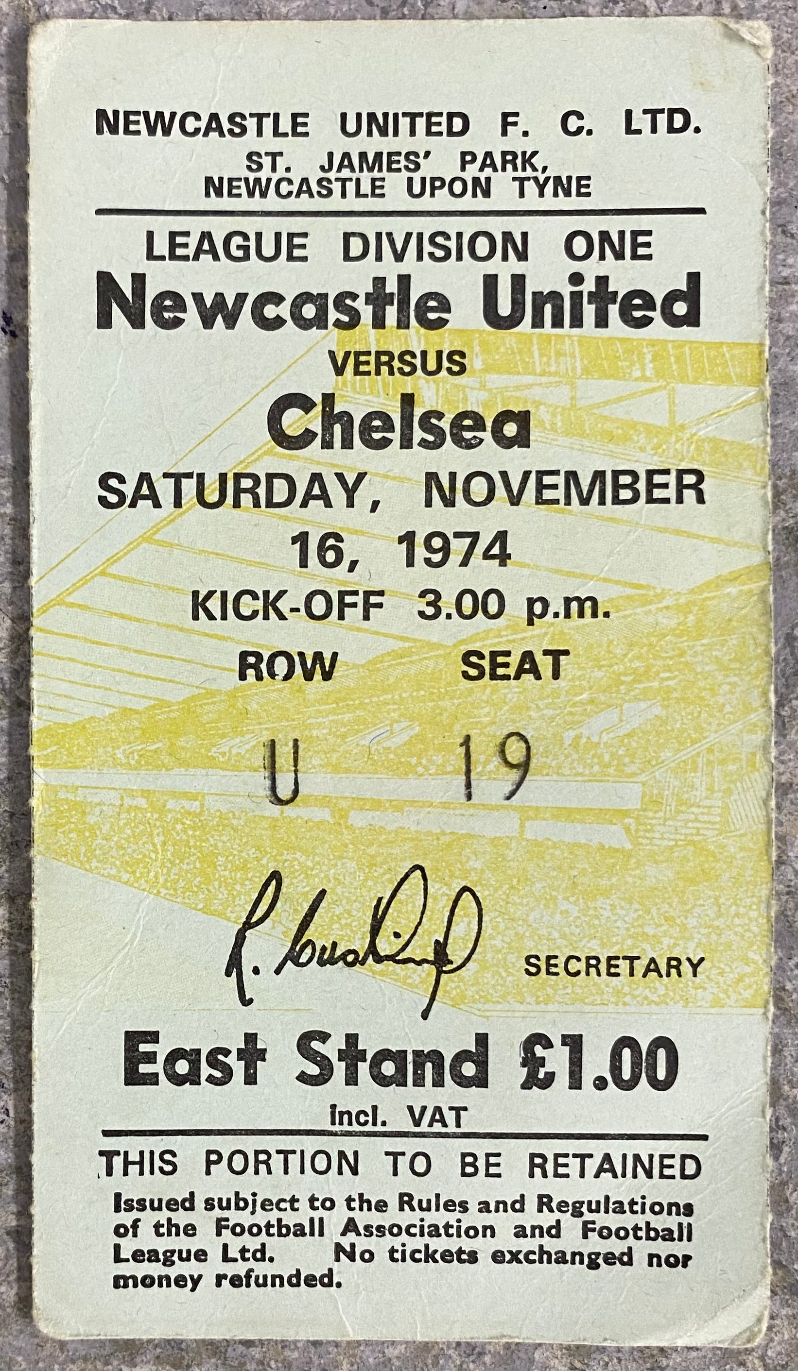 1974/75 ORIGINAL DIVISION 1 TICKET NEWCASTLE UNITED V CHELSEA