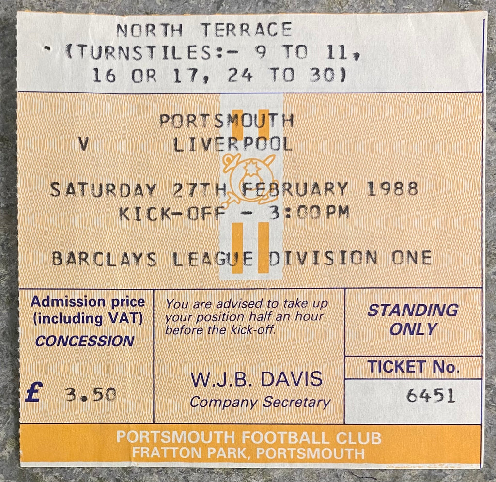 1987/88 ORIGINAL DIVISION 1 TICKET PORTSMOUTH V LIVERPOOL
