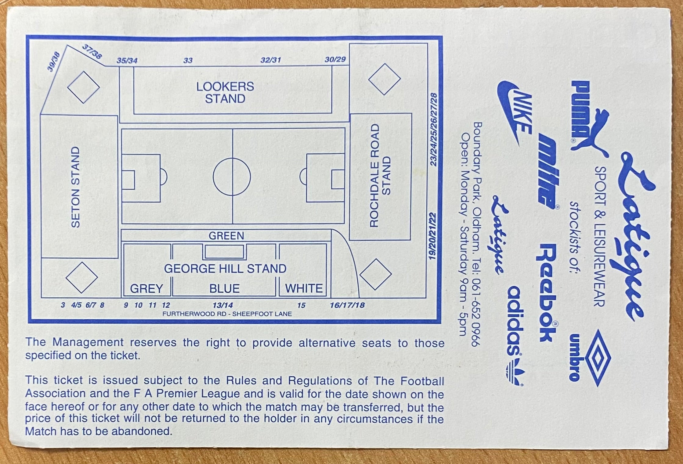 1994/95 ORIGINAL DIVISION 1 TICKET OLDHAM ATHLETIC V SUNDERLAND