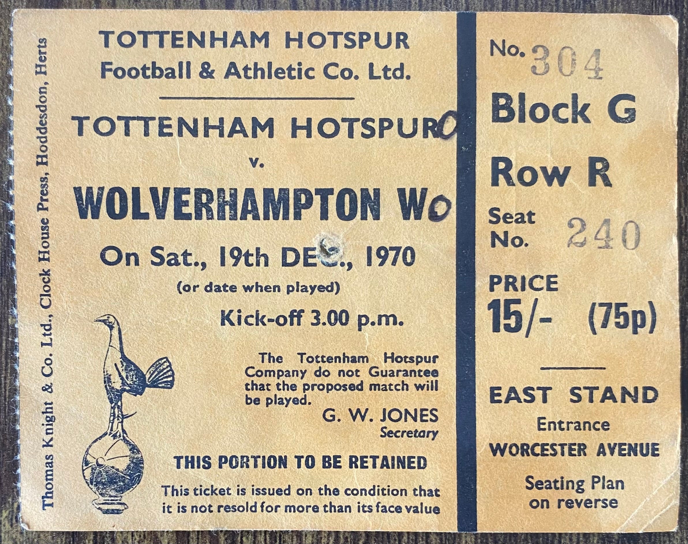 1970/71 ORIGINAL DIVISION ONE TICKET TOTTENHAM HOTSPUR V WOLVERHAMPTON WANDERERS