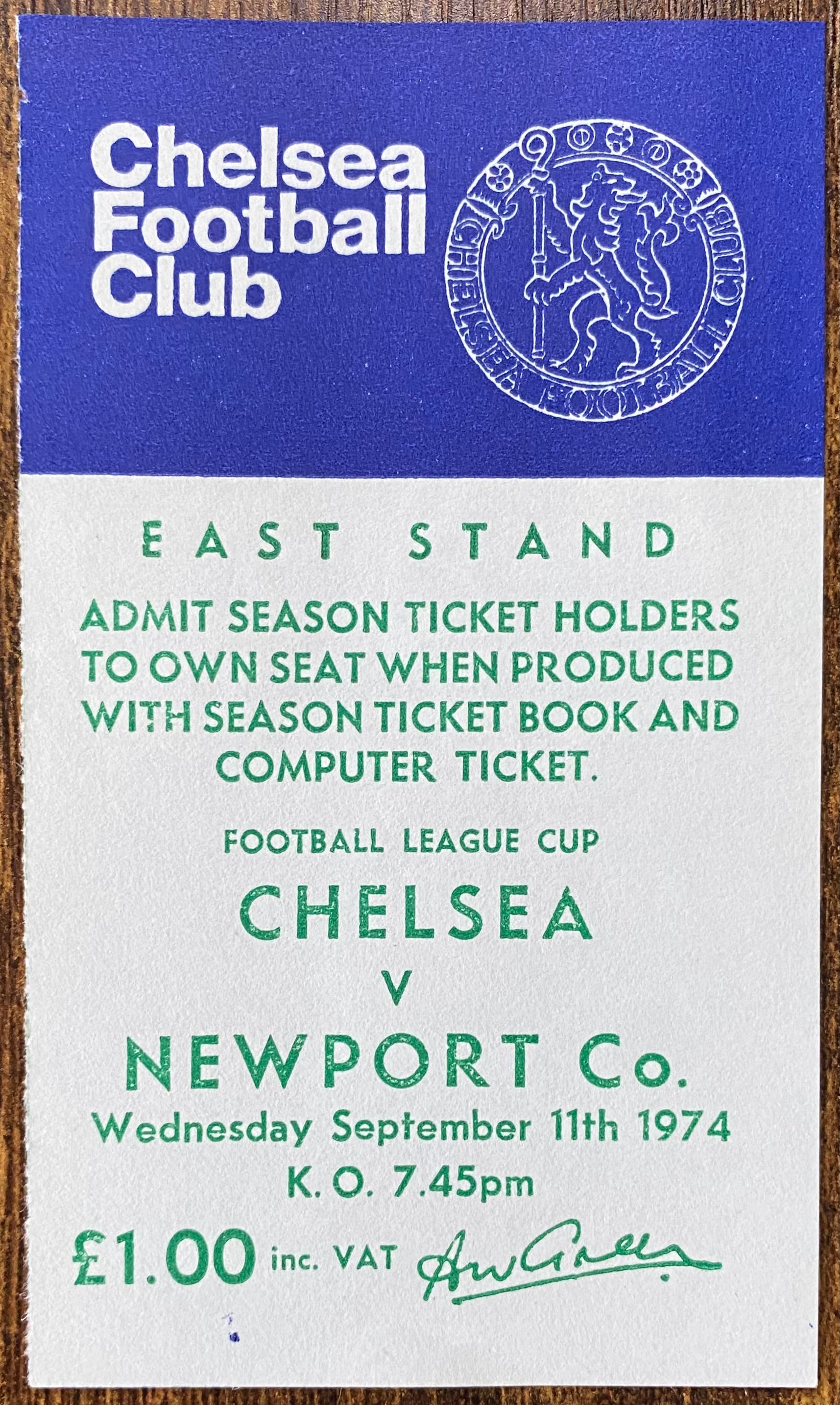1974/75 ORIGINAL LEAGUE CUP 2ND ROUND TICKET CHELSEA V NEWPORT COUNTY