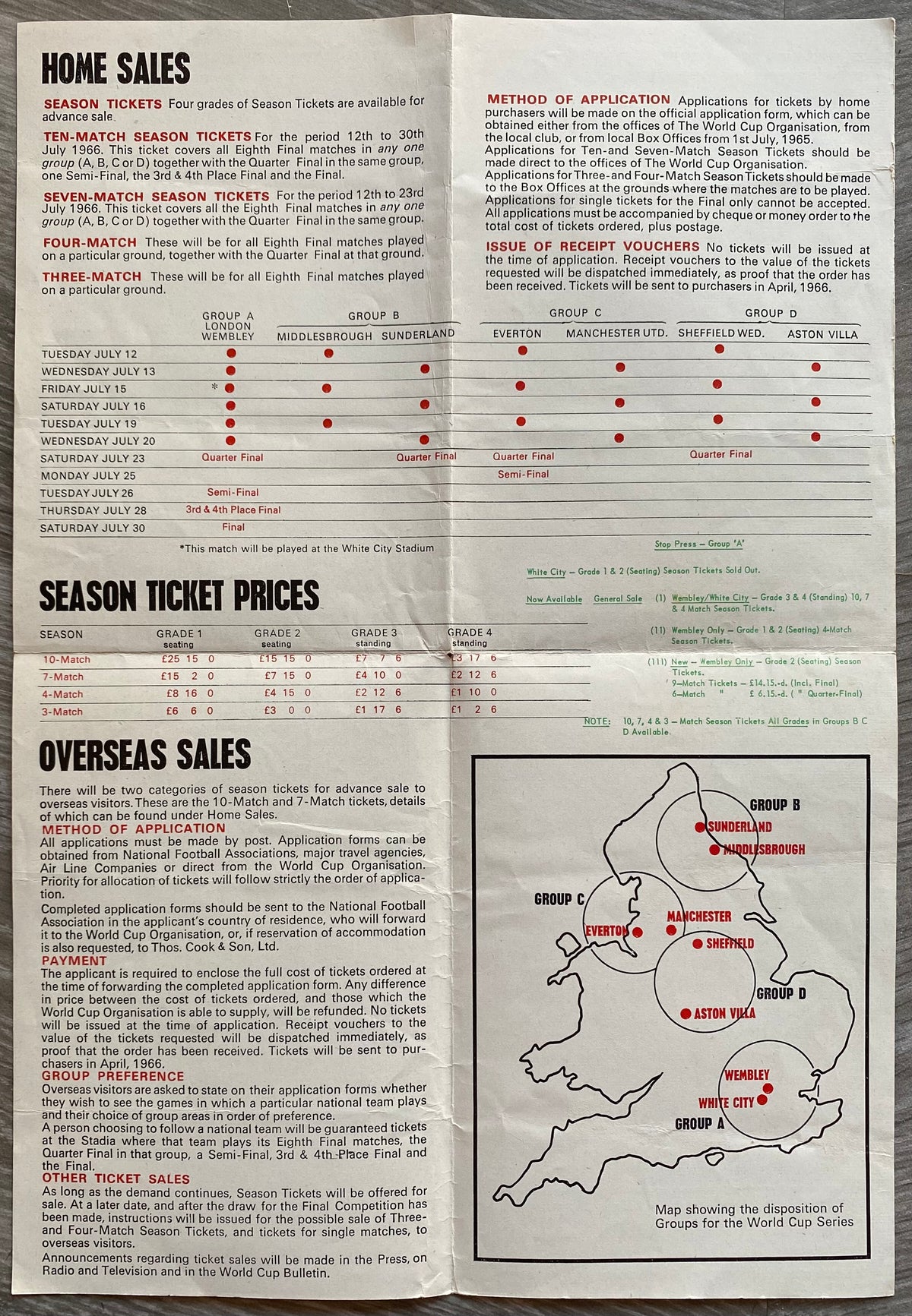 1966 WORLD CUP ORIGINAL OFFICIAL TICKET INFORMATION FOLD OUT BOOKLET (UPDATED VERSION)