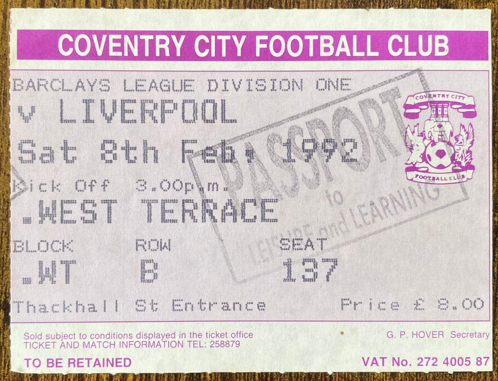 1991/92 ORIGINAL DIVISION 1 TICKET COVENTRY CITY V LIVERPOOL