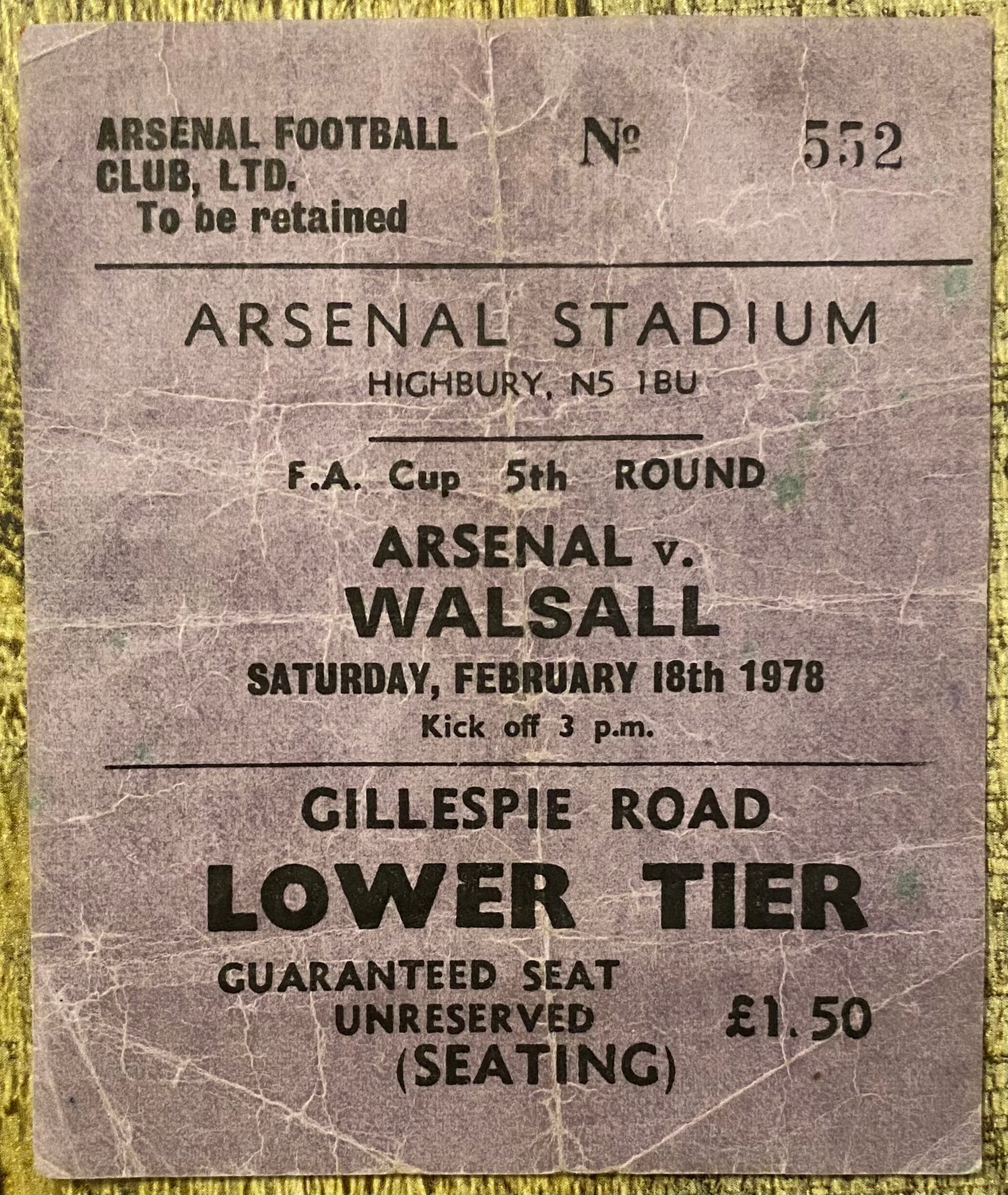 1977/78 ORIGINAL FA CUP 5TH ROUND TICKET ARSENAL V WALSALL