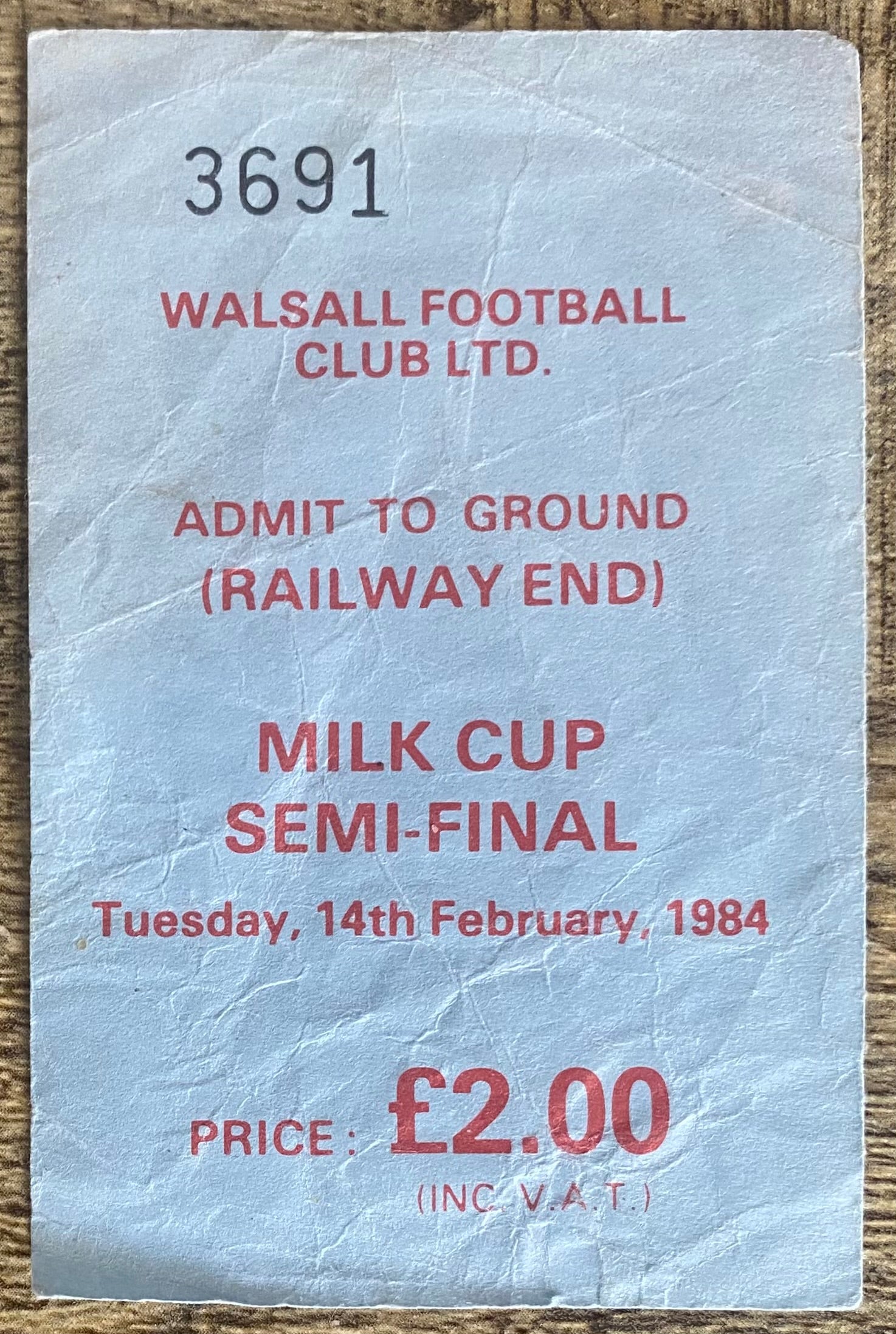 1983/84 ORIGINAL MILK CUP SEMI FINAL 2ND LEG TICKET WALSALL V LIVERPOOL