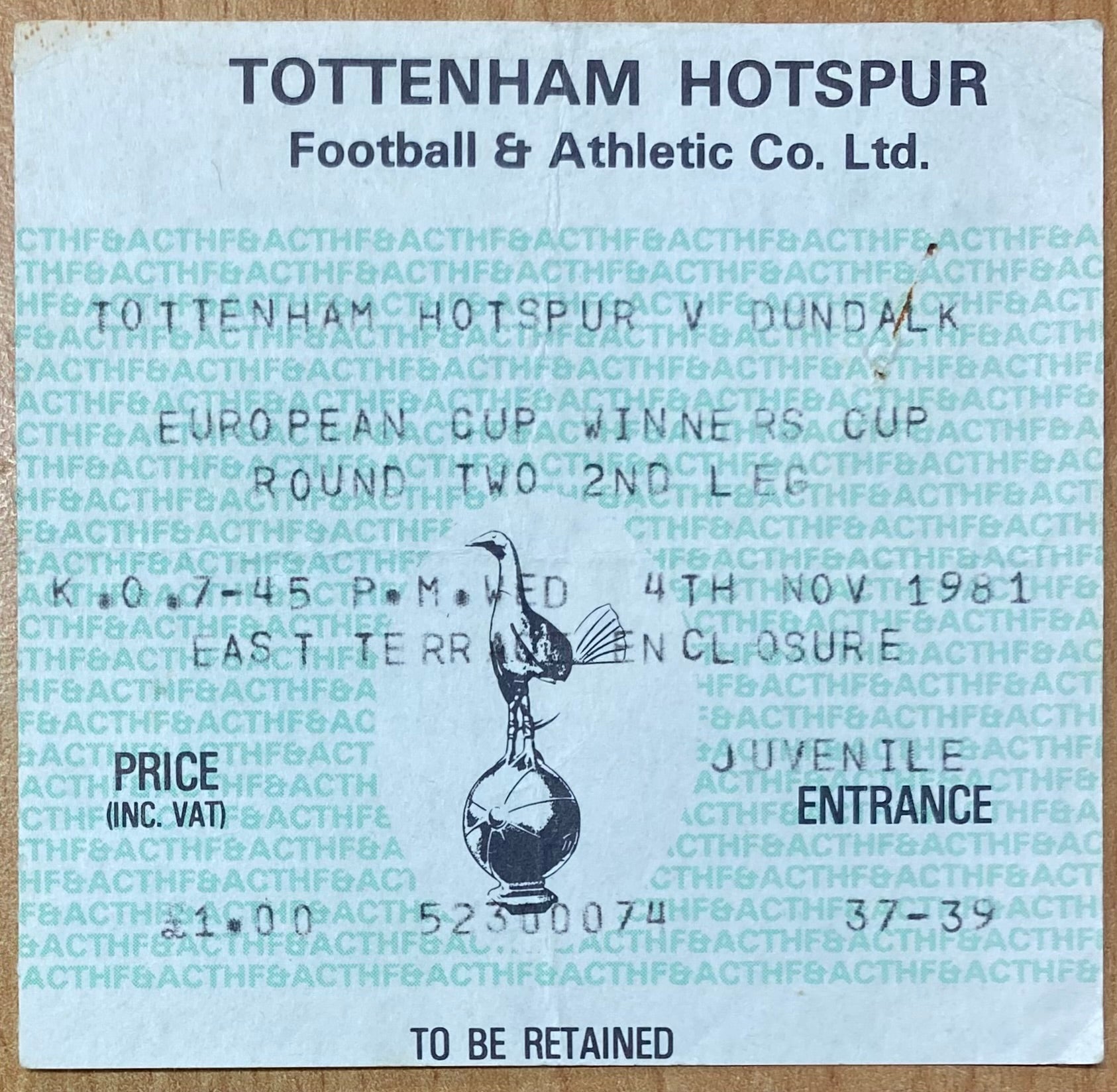 1981/82 ORIGINAL EUROPEAN CUP WINNERS CUP 2ND ROUND 2ND LEG TICKET TOTTENHAM HOTSPUR V DUNDALK
