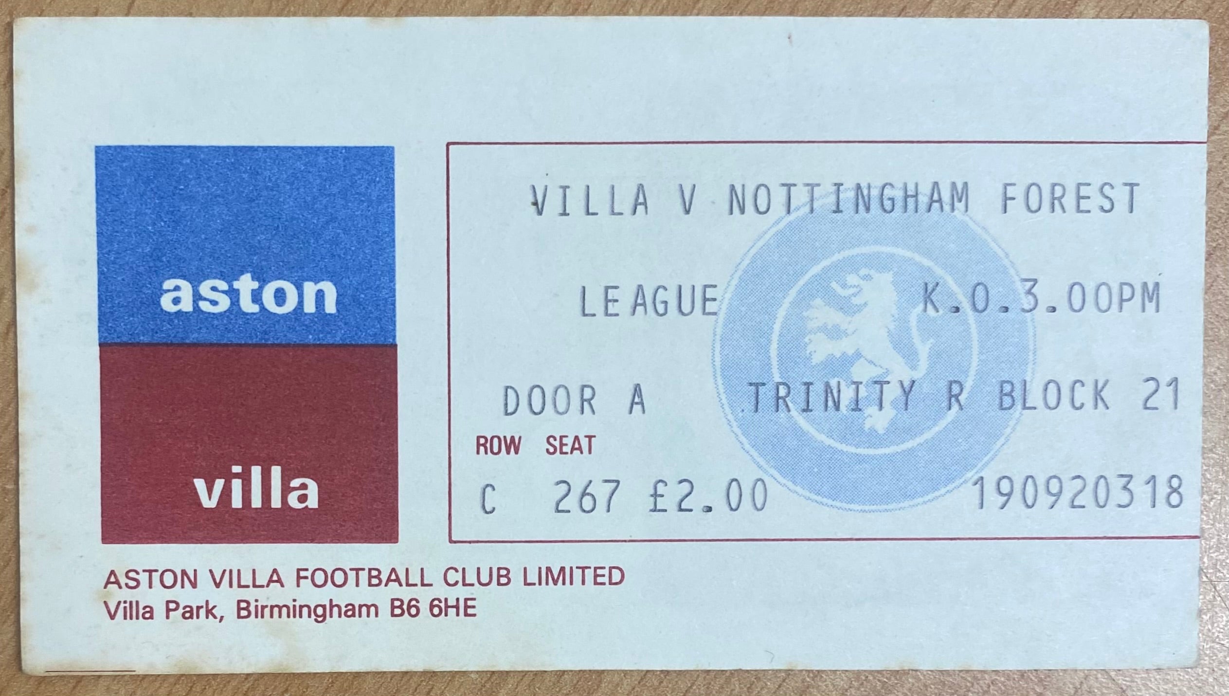 1977/78 ORIGINAL DIVISION 1 TICKET ASTON VILLA V NOTTINGHAM FOREST