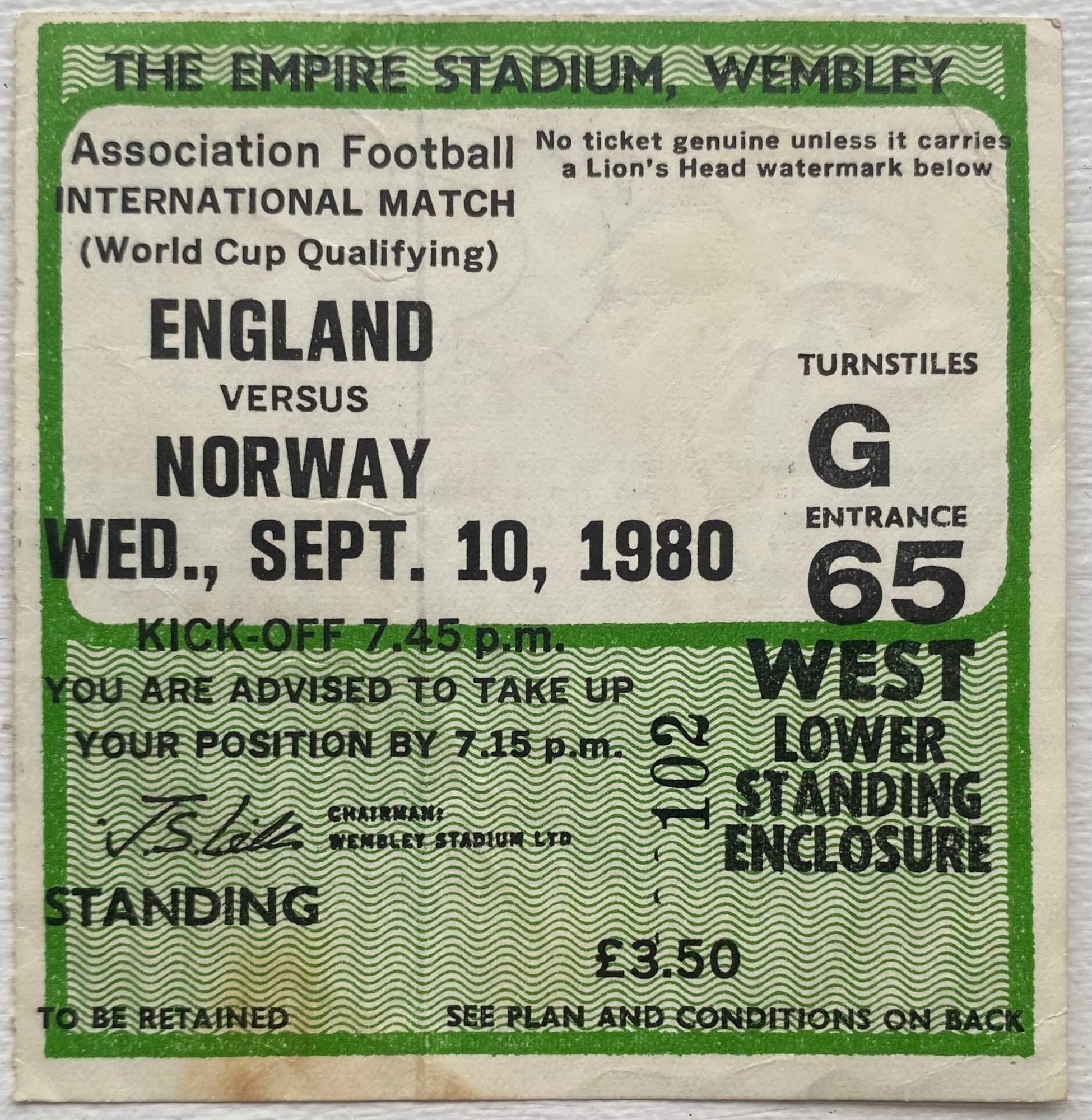 1980 ORIGINAL WORLD CUP QUALIFYING TICKET ENGLAND V NORWAY