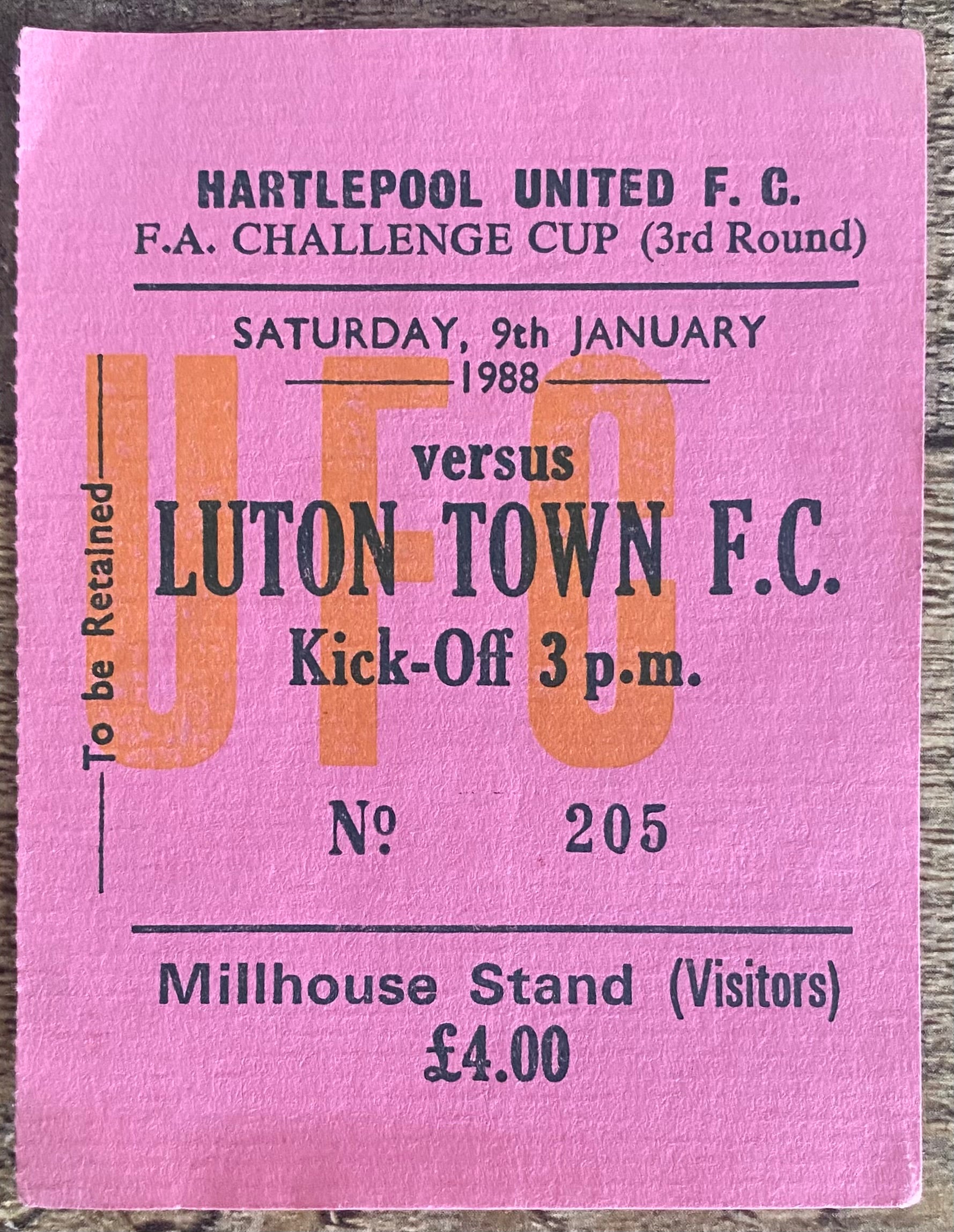 1987/88 ORIGINAL FA CUP 3RD ROUND TICKET HARTLEPOOL UNITED V LUTON TOWN