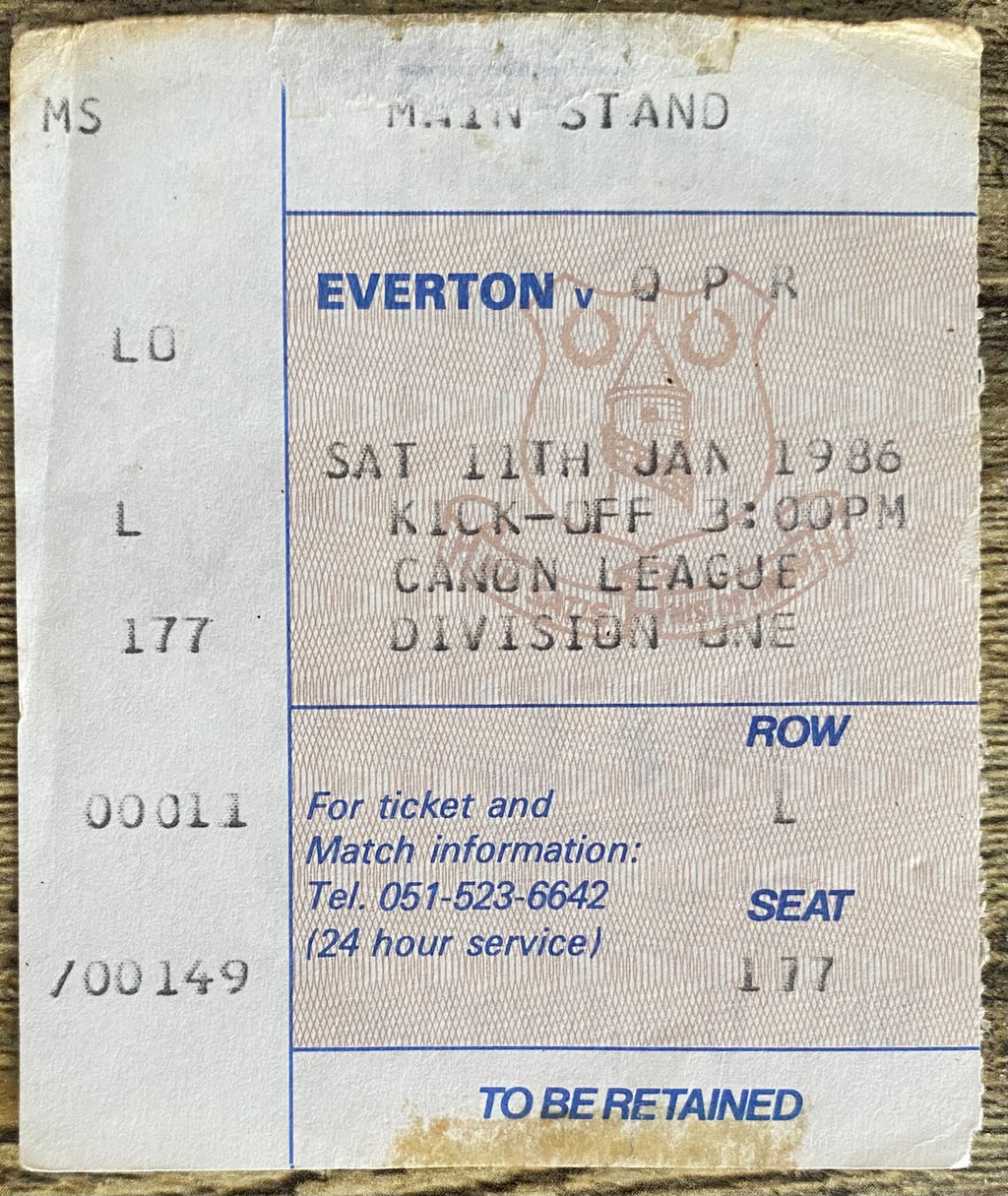 1985/86  ORIGINAL DIVISION ONE TICKET EVERTON V QUEENS PARK RANGERS