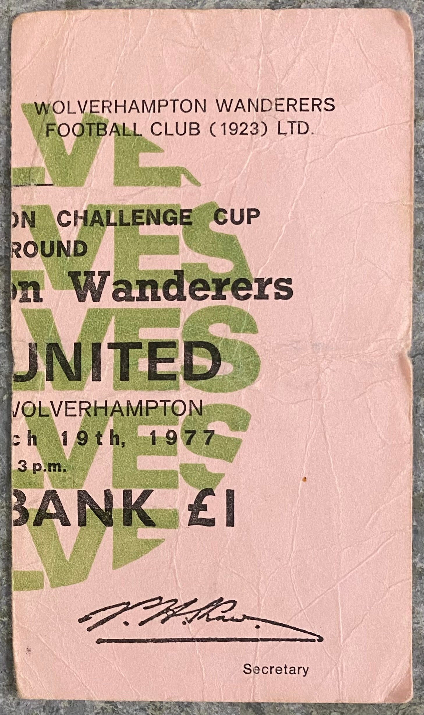 1976/77 ORIGINAL FA CUP 6TH  ROUND TICKET WOLVERHAMPTON WANDERERS V LEEDS UNITED