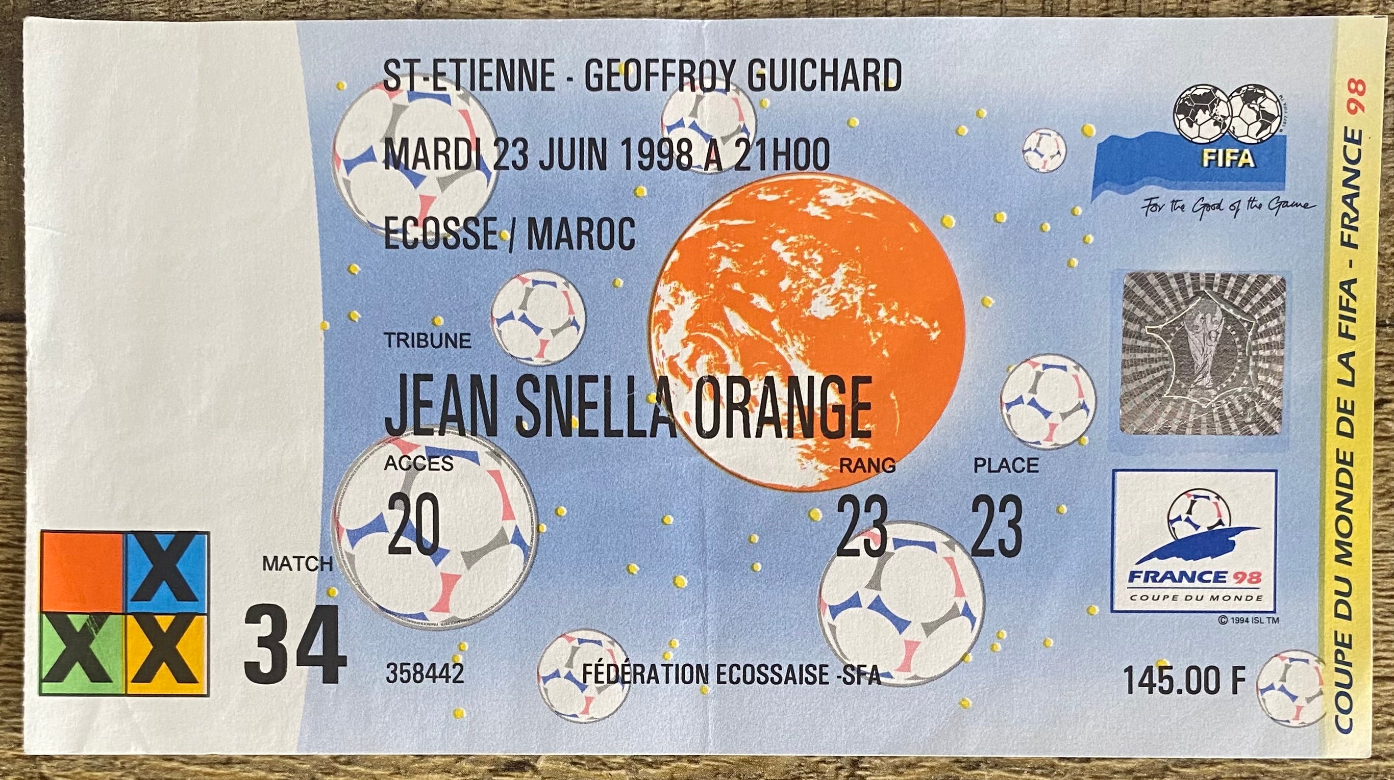 1998 ORIGINAL WORLD CUP 1ST ROUND TICKET SCOTLAND V MOROCCO @ ST ETIENNE