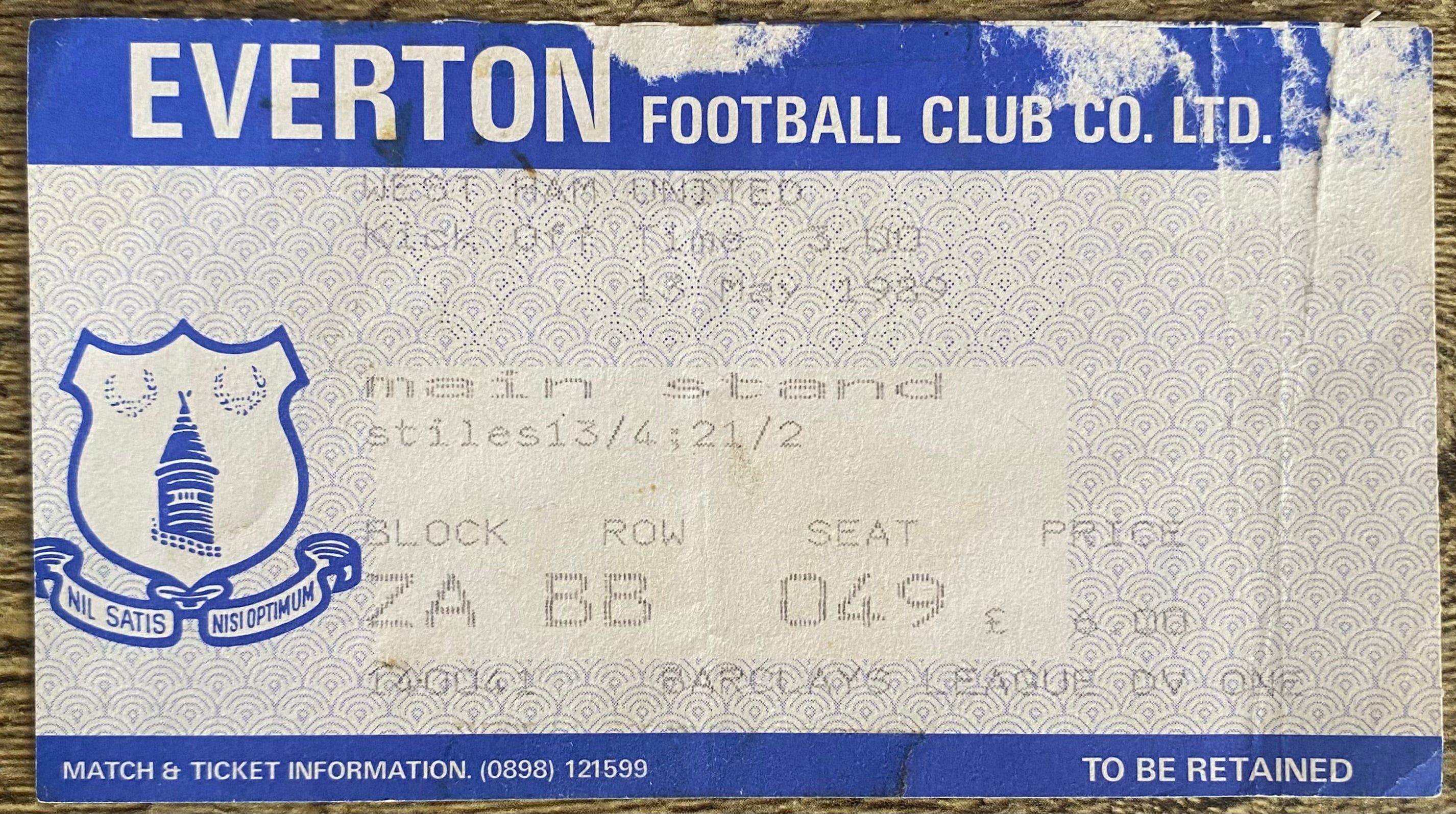 1988/89 ORIGINAL DIVISION ONE TICKET EVERTON V WEST HAM UNITED