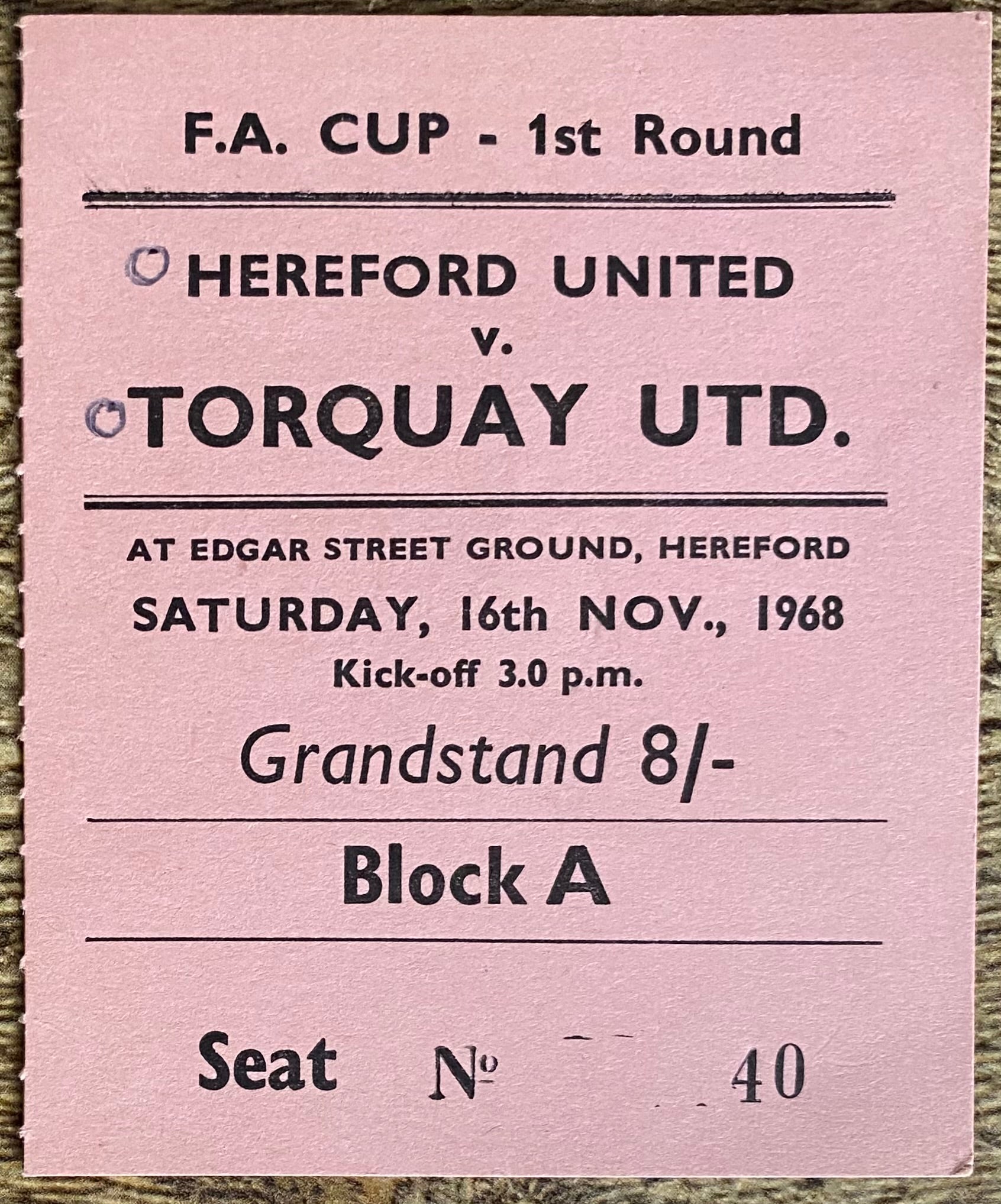 1968/69 ORIGINAL FA CUP 1ST ROUND TICKET HEREFORD UNITED V TORQUAY UNITED
