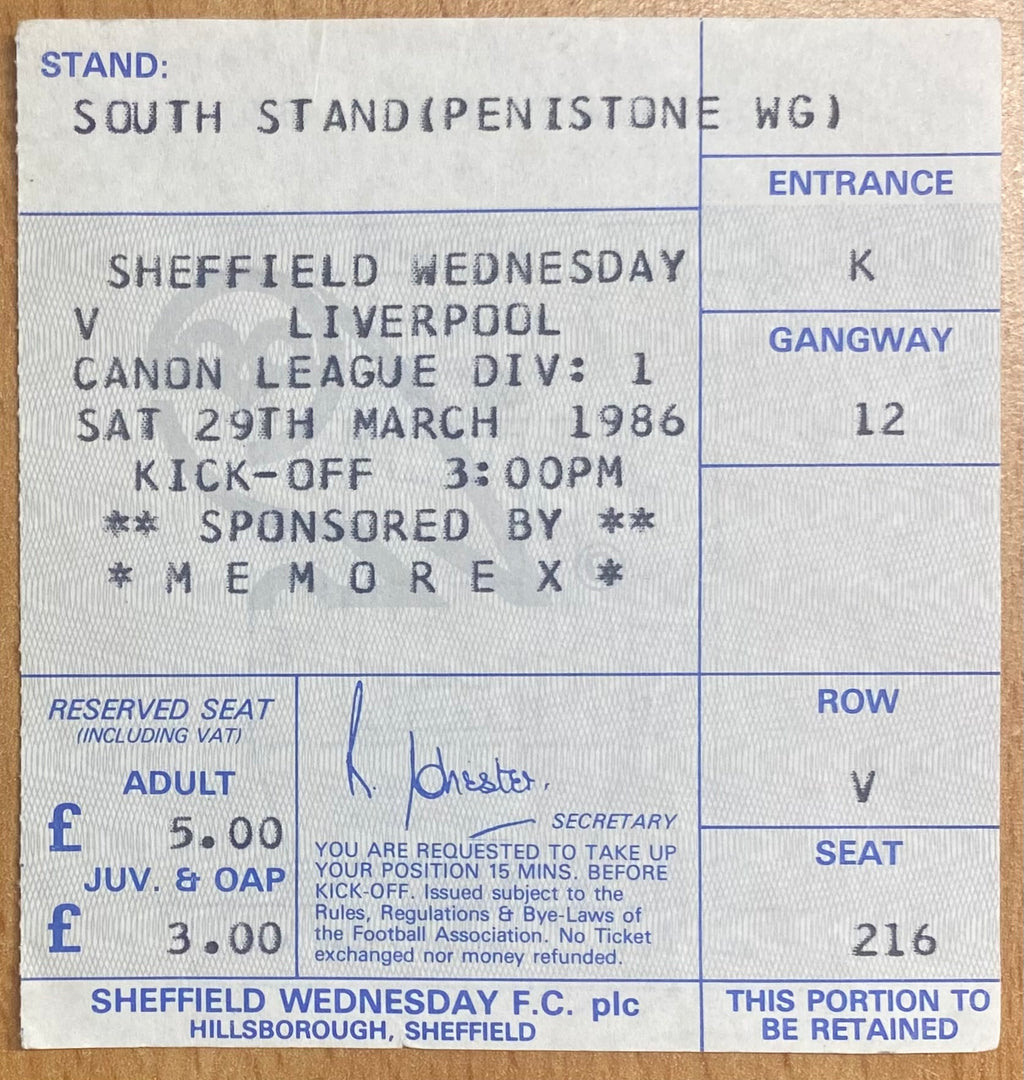 1985/86 ORIGINAL DIVISION 1 TICKET SHEFFIELD WEDNESDAY V LIVERPOOL