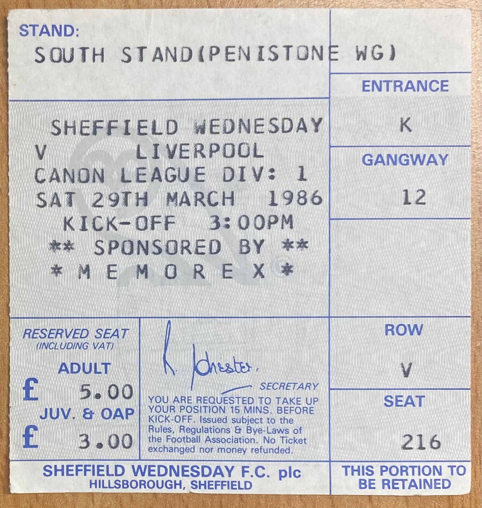 1985/86 ORIGINAL DIVISION 1 TICKET SHEFFIELD WEDNESDAY V LIVERPOOL