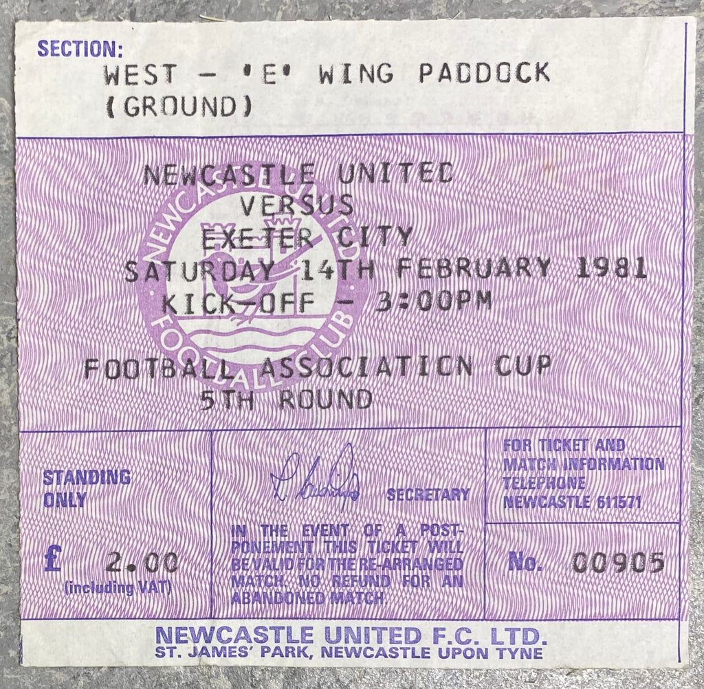 1980/81 ORIGINAL FA CUP 5TH ROUND TICKET NEWCASTLE UNITED V EXETER CITY
