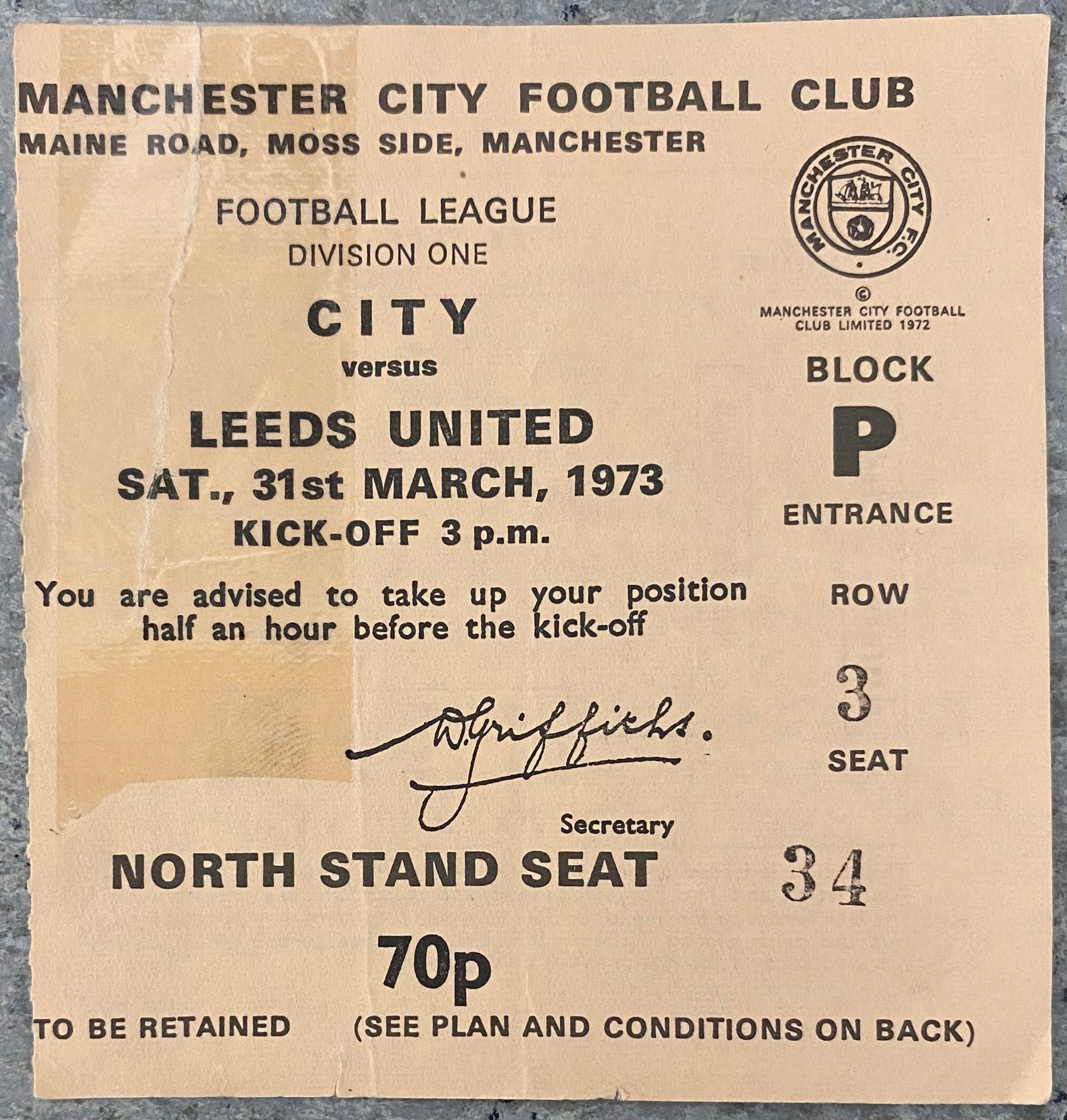 1972/73 ORIGINAL DIVISION 1 TICKET MANCHESTER CITY V LEEDS UNITED