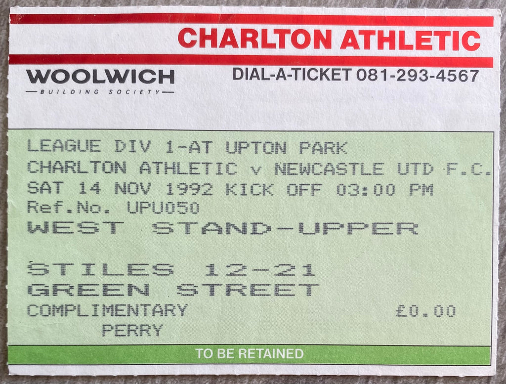 1992/93 ORIGINAL DIVISION 1 TICKET CHARLTON ATHLETIC V NEWCASTLE UNITED