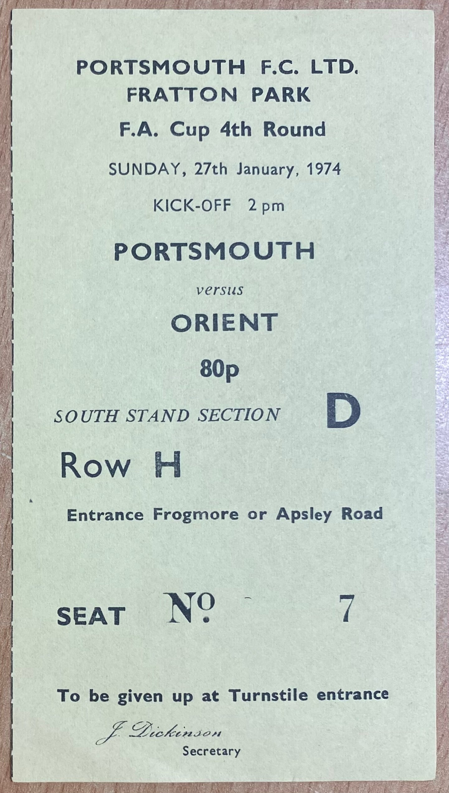 1973/74 ORIGINAL FA CUP 4TH ROUND TICKET PORTSMOUTH V ORIENT