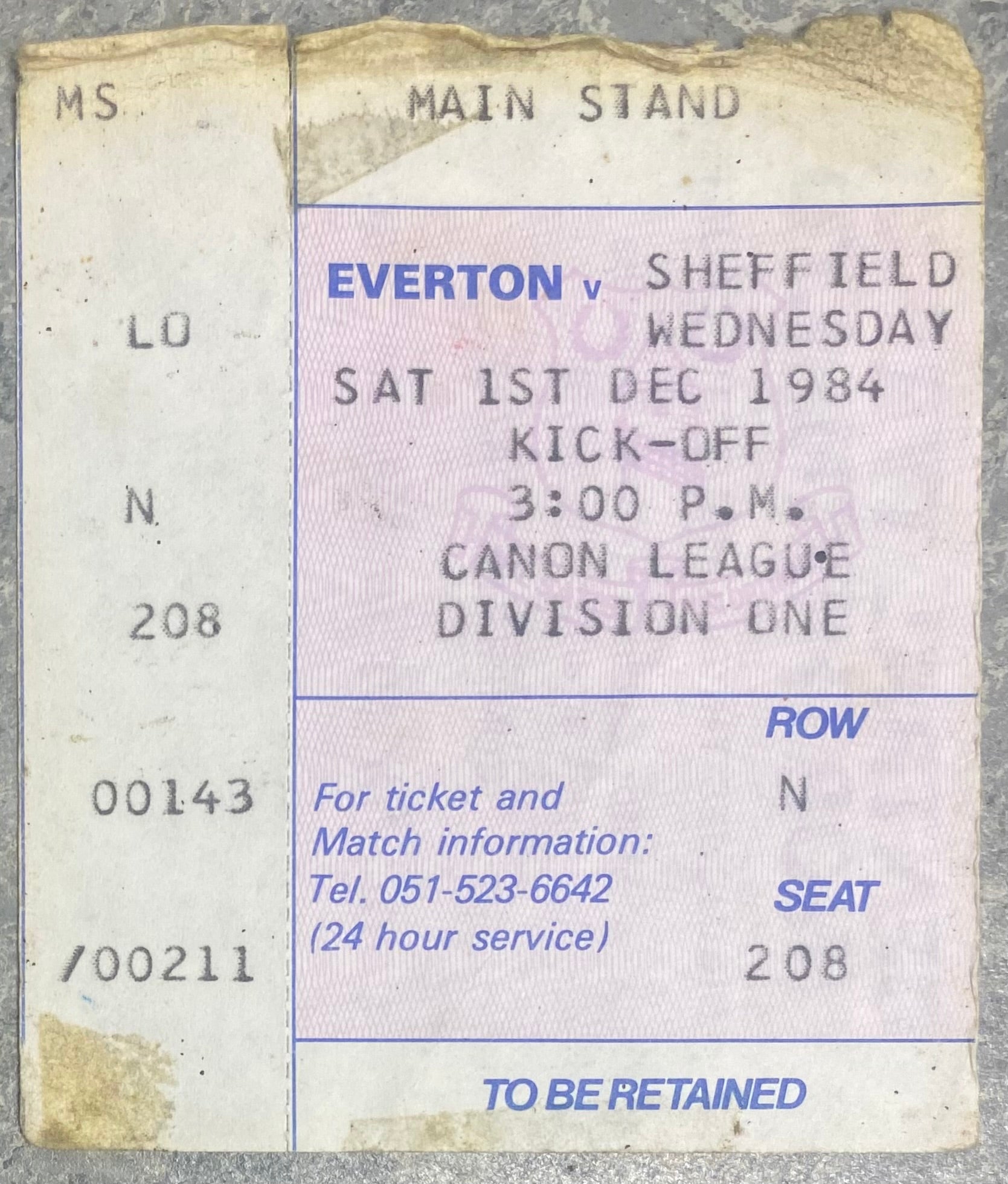 1984/85 ORIGINAL DIVISION ONE TICKET EVERTON V SHEFFIELD WEDNESDAY