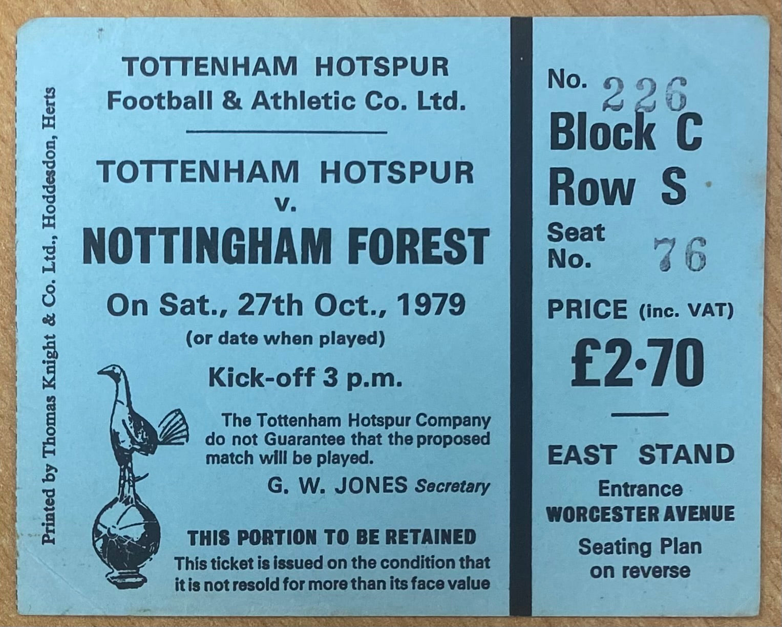1979/80 ORIGINAL DIVISION ONE TICKET TOTTENHAM HOTSPUR V NOTTINGHAM FOREST
