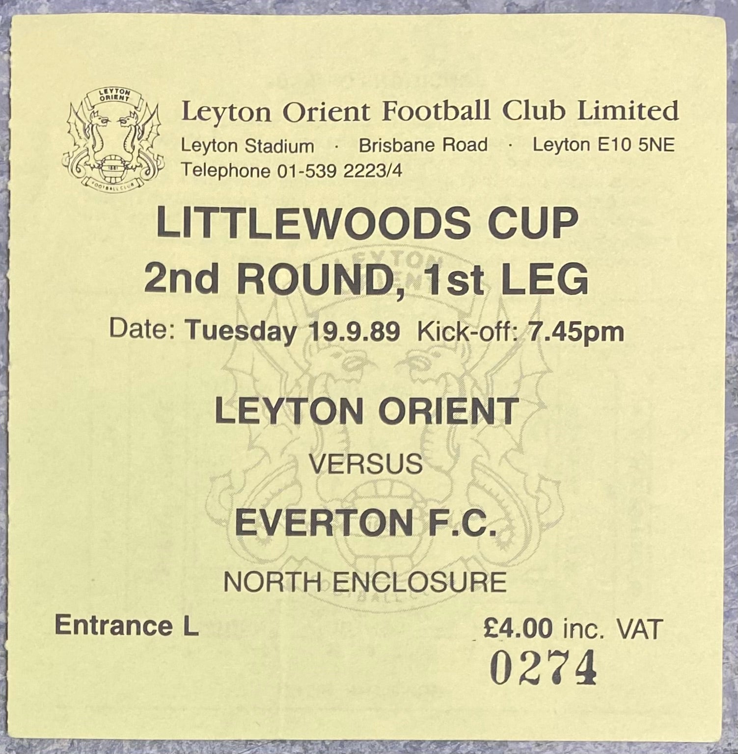 1989/90 ORIGINAL LITTLEWOODS CUP 2ND ROUND 1ST LEG TICKET LEYTON ORIENT V EVERTON