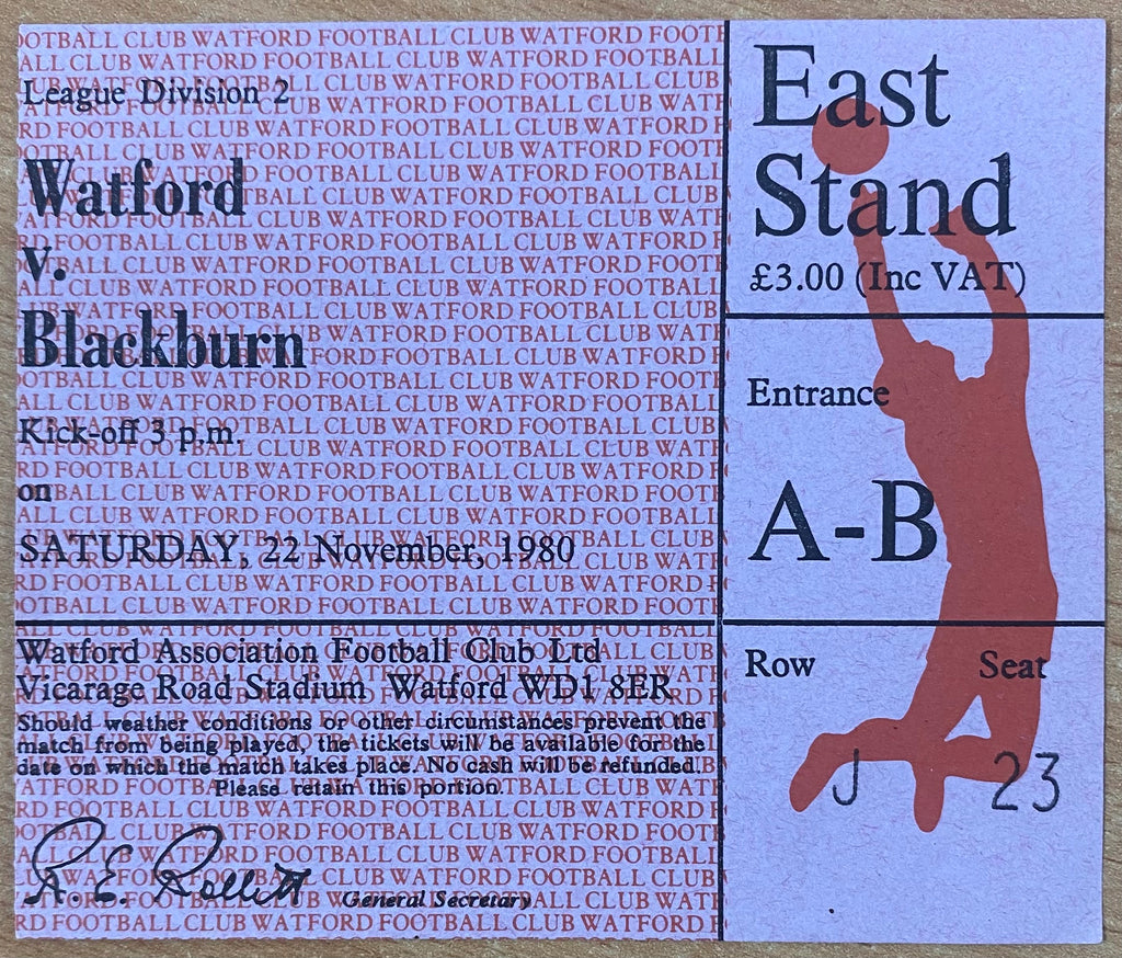 1980/81 ORIGINAL DIVISION TWO TICKET WATFORD V BLACKBURN ROVERS