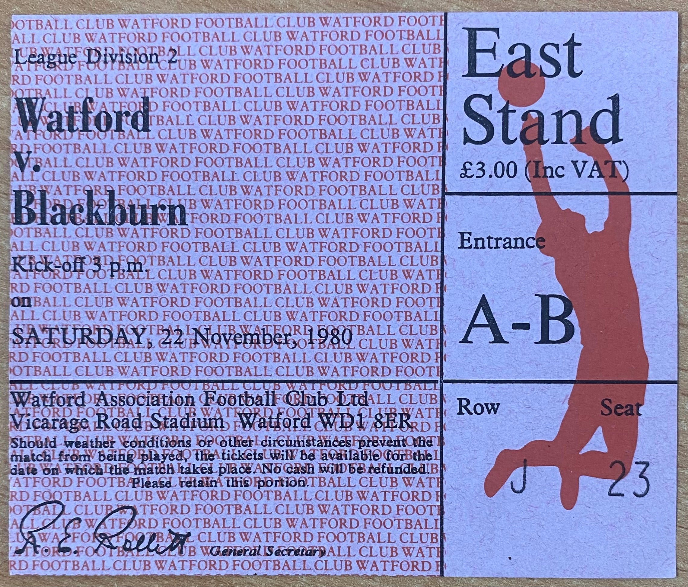 1980/81 ORIGINAL DIVISION TWO TICKET WATFORD V BLACKBURN ROVERS
