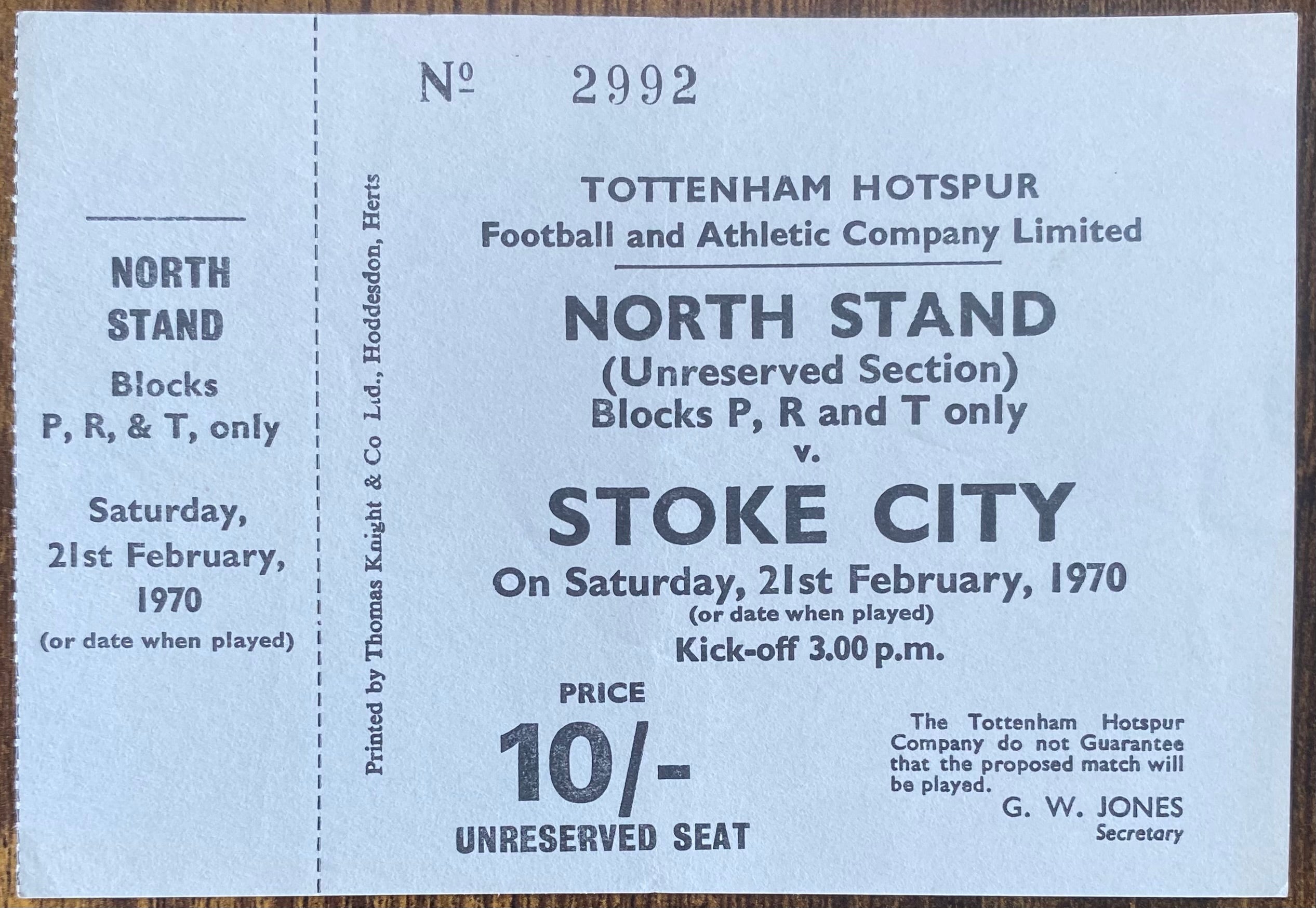 1969/70 ORIGINAL DIVISION ONE UNUSED TICKET TOTTENHAM HOTSPUR V STOKE CITY