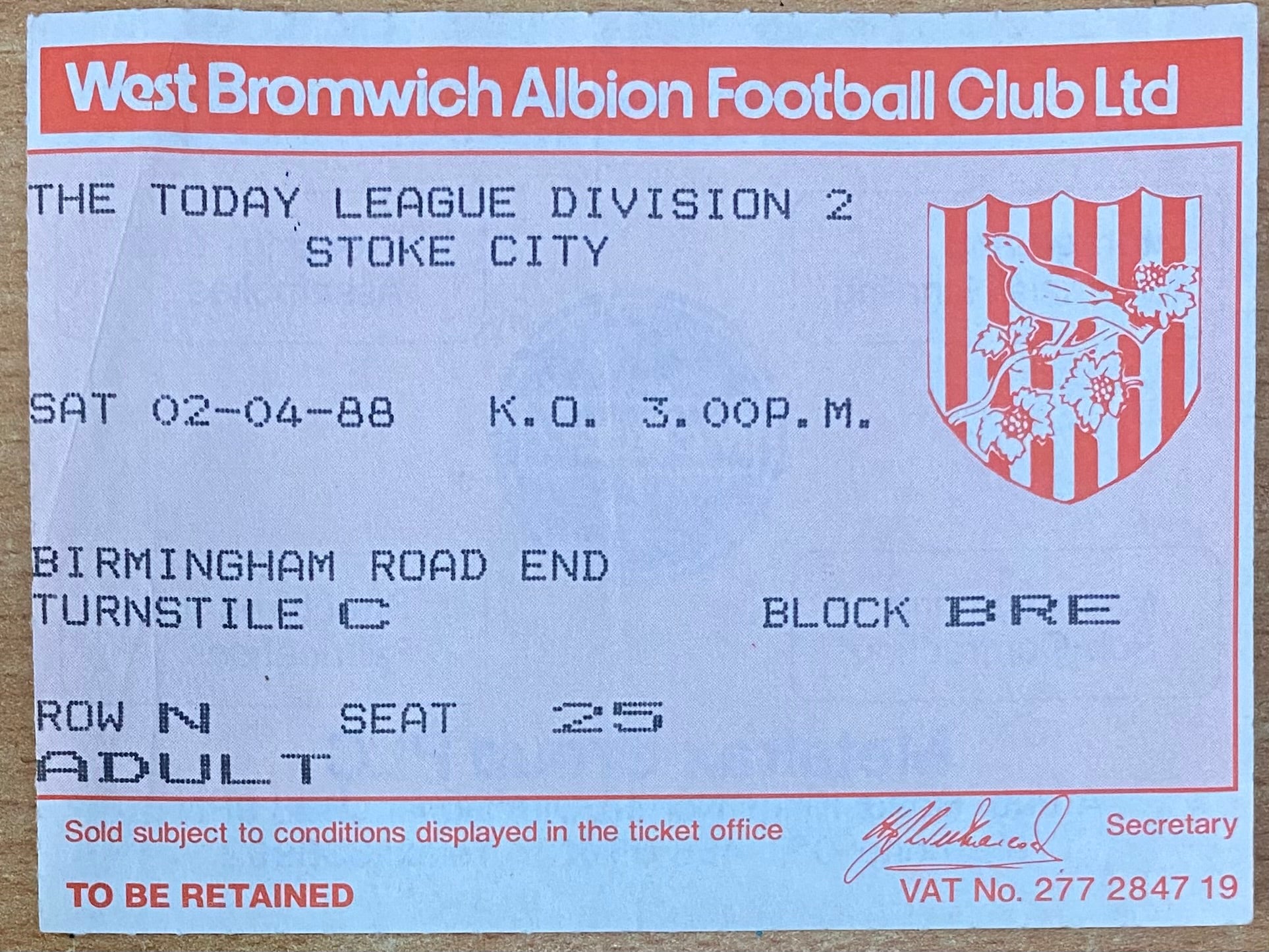 1987/88 ORIGINAL DIVISION 2 TICKET WEST BROMWICH ALBION V STOKE CITY