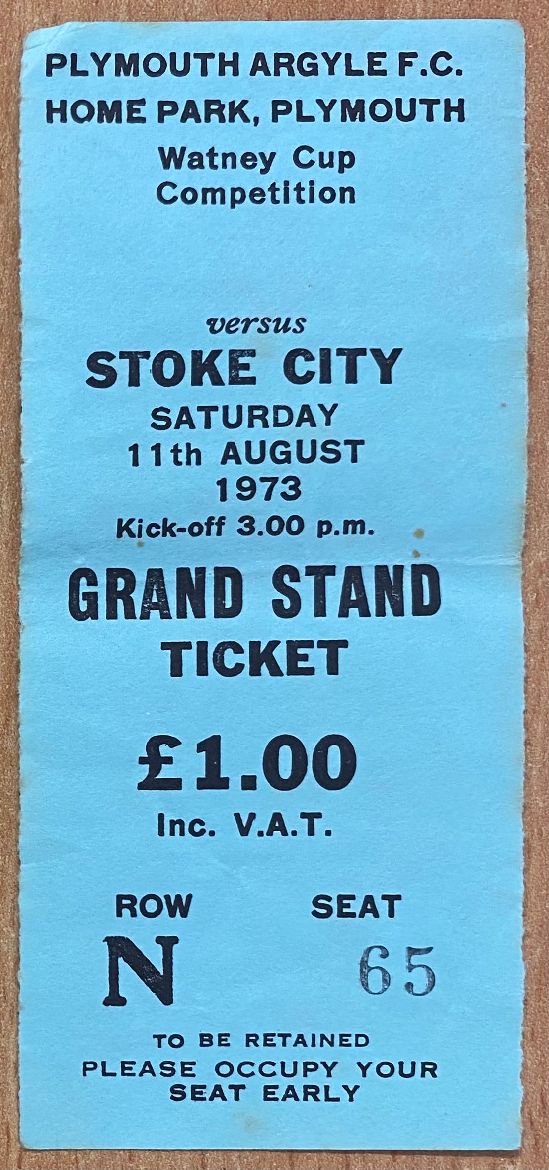 1973/74  ORIGINAL WATNEYS CUP TICKET PLYMOUTH ARGYLE V STOKE CITY