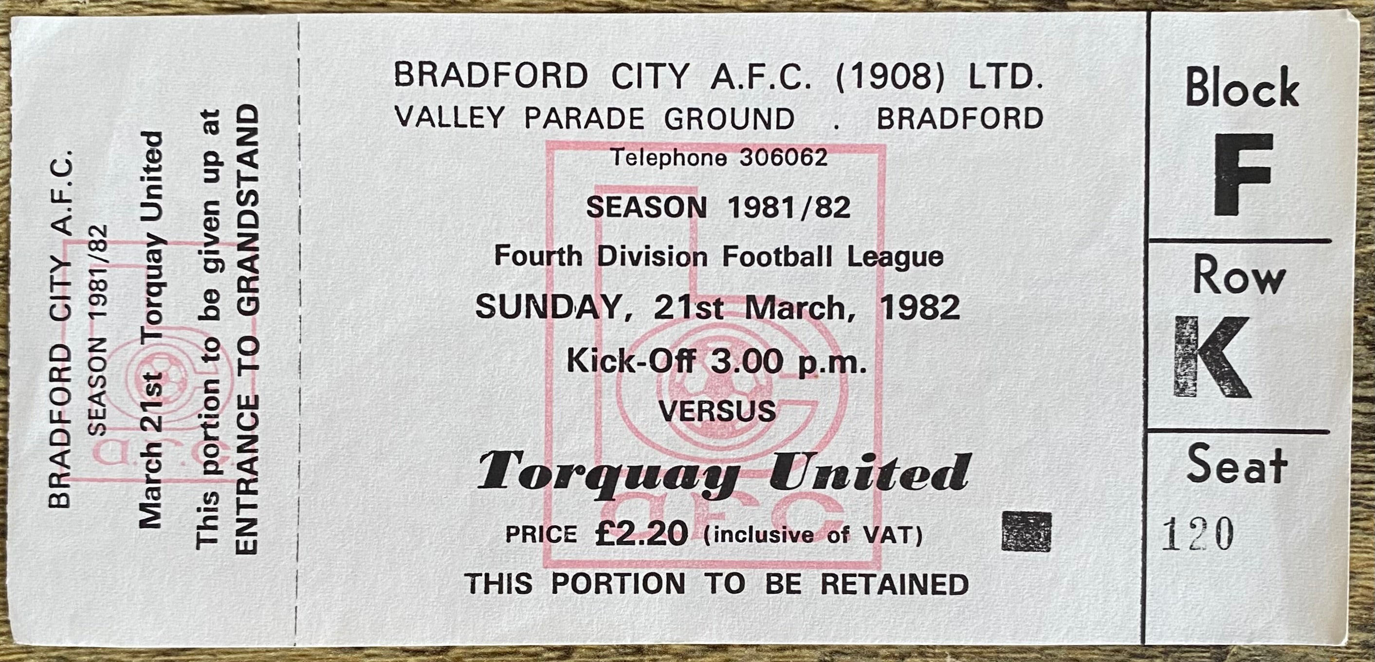 1981/82 ORIGINAL DIVISION 4 UNUSED TICKET BRADFORD CITY V TORQUAY UNITED
